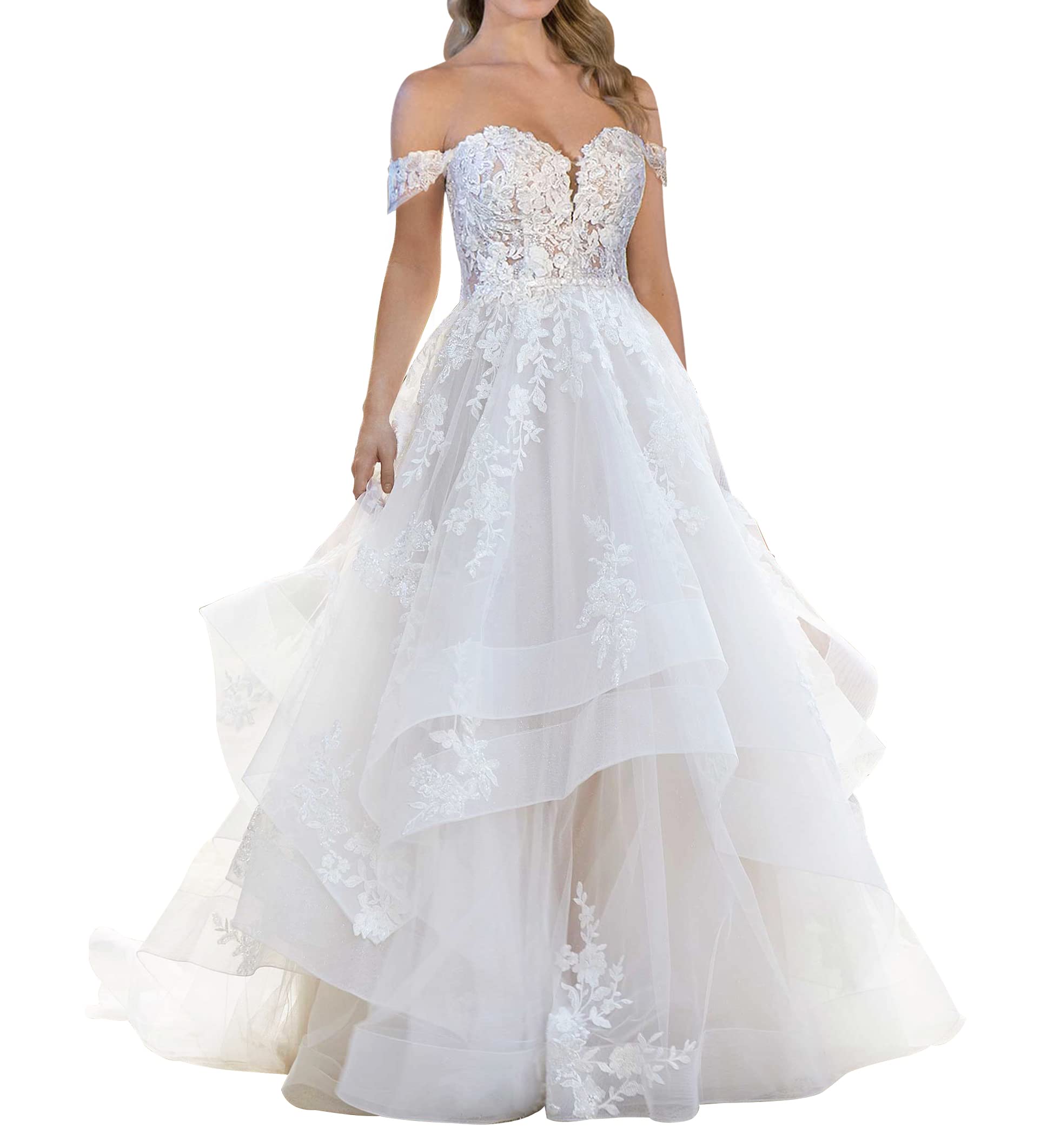 Elegant Off-Shoulder Lace Wedding Dress with Ruffles - JAEDEN Long Bridal Gown for Church, Beach & Garden Weddings