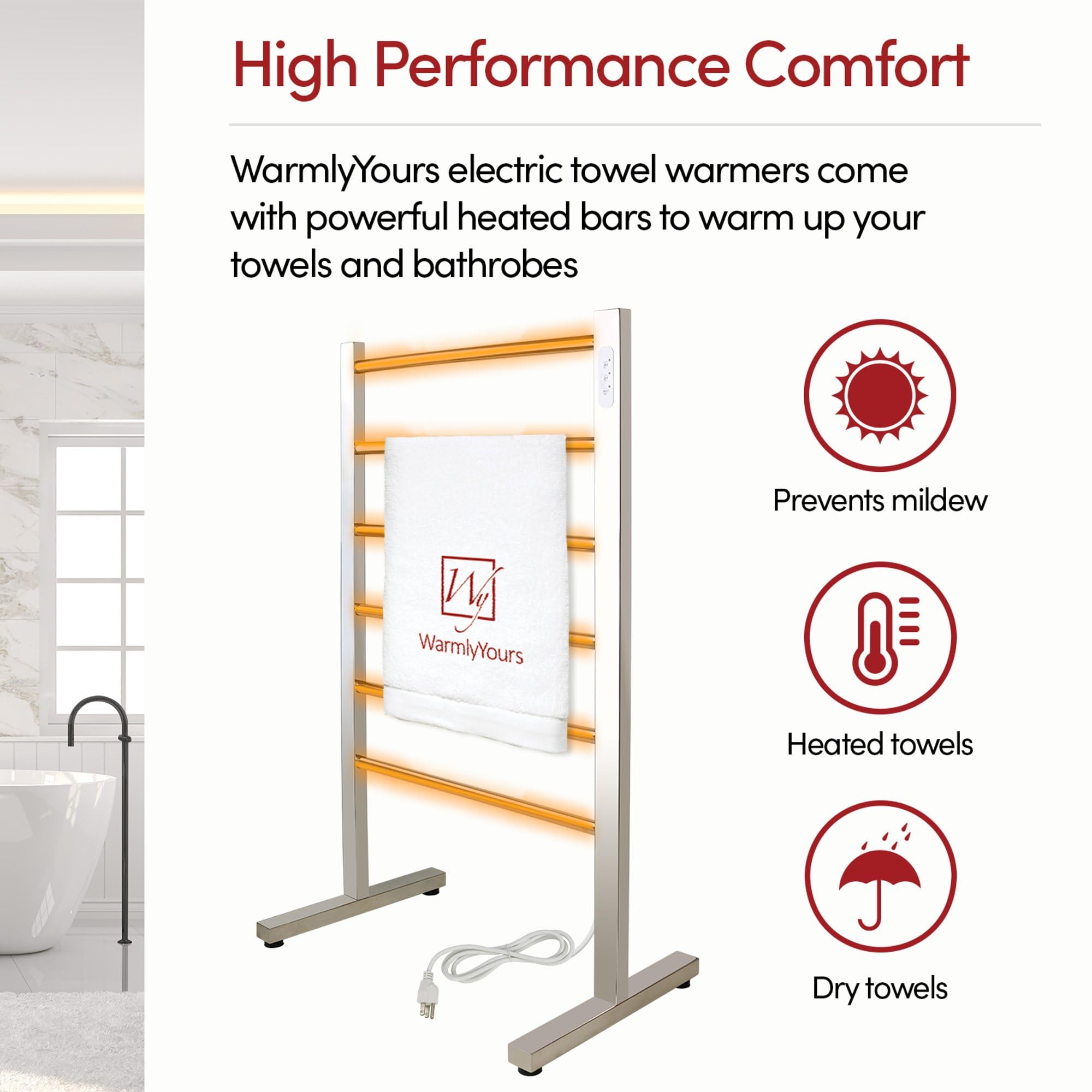 Freestanding 6-Bar Heated Towel Warmer - Polished Stainless Steel Electric Towel Rack with Built-in Timer, Plug-in Design for Bathroom & Spa - Perfect for Luxury Home, Hotel, or Gym Use (Ibiza Model by WarmlyYours)