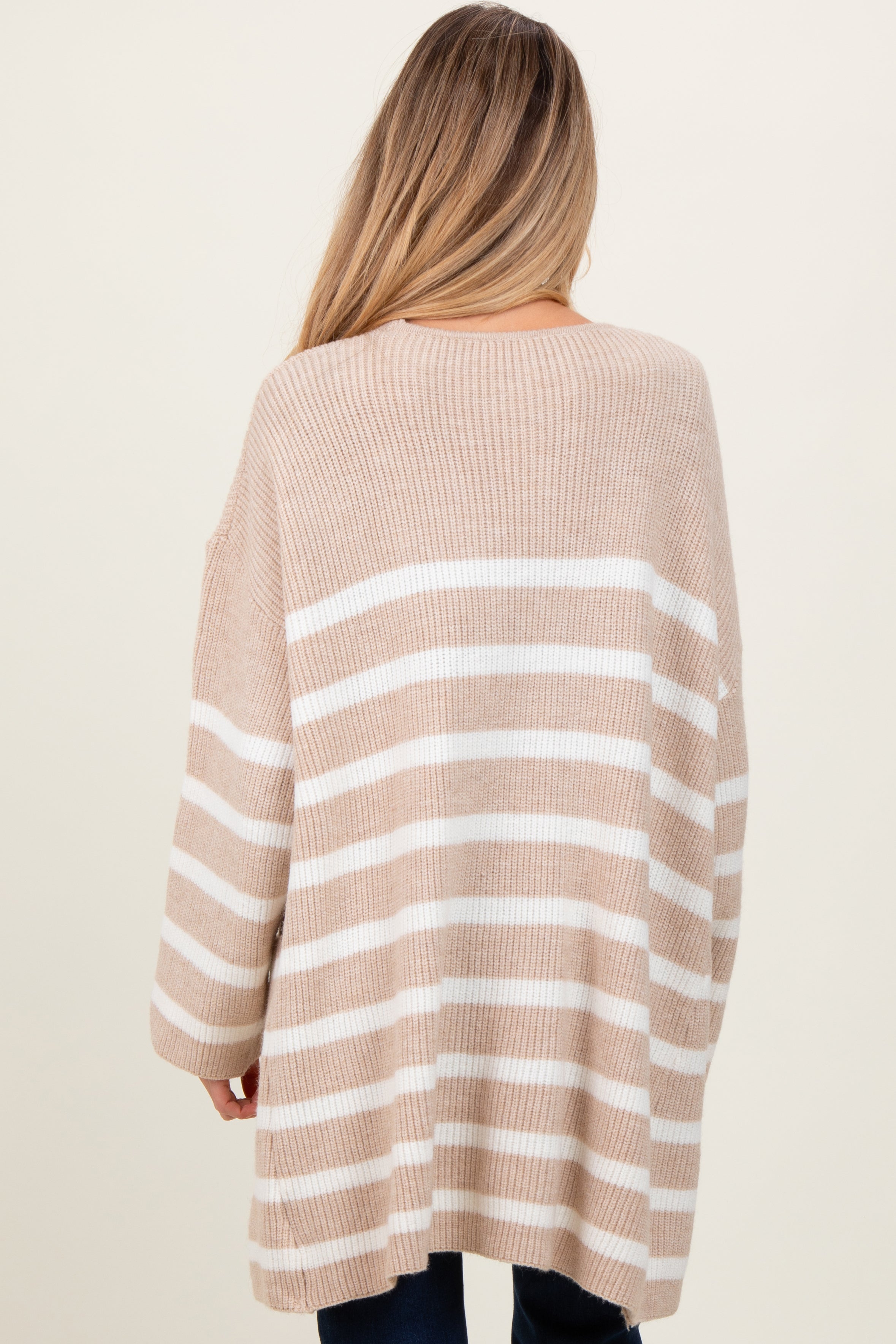 Beige Ivory Knit Striped Long Maternity Cardigan for Pregnancy - Soft Comfortable Open Front Sweater for Women | Perfect for Nursing, Lounging & Fall Layering