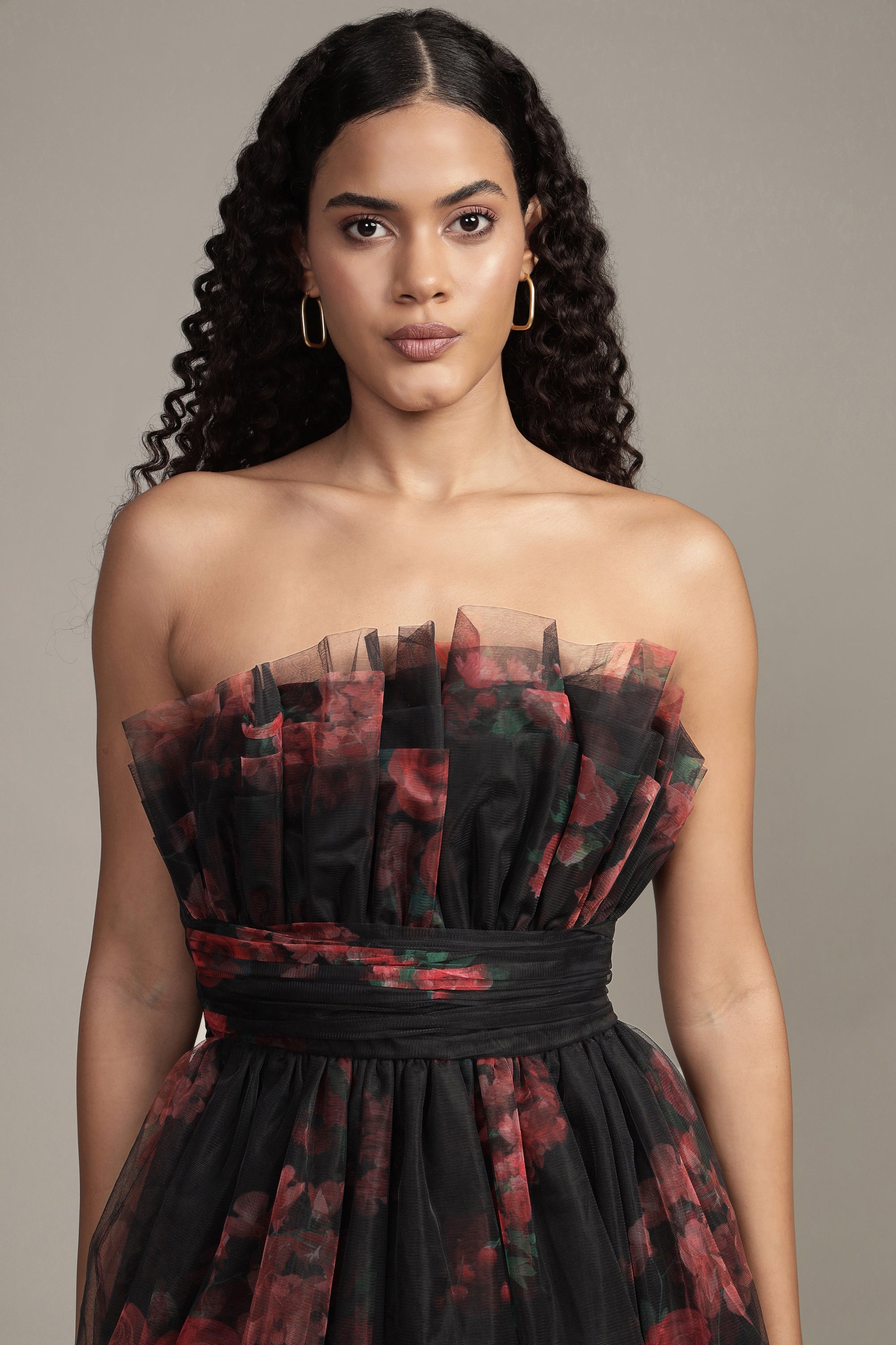 Natalia Black and Red Floral Tulle Maxi Dress for Women - Elegant Evening Gown for Weddings, Parties & Special Occasions