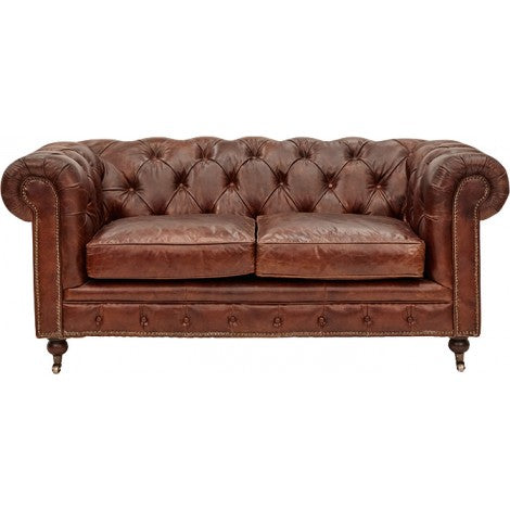 Belton Leather Chesterfield 2-Seater Sofa in Aged Brown - Classic Vintage Style Living Room Furniture for Home Office & Lounge