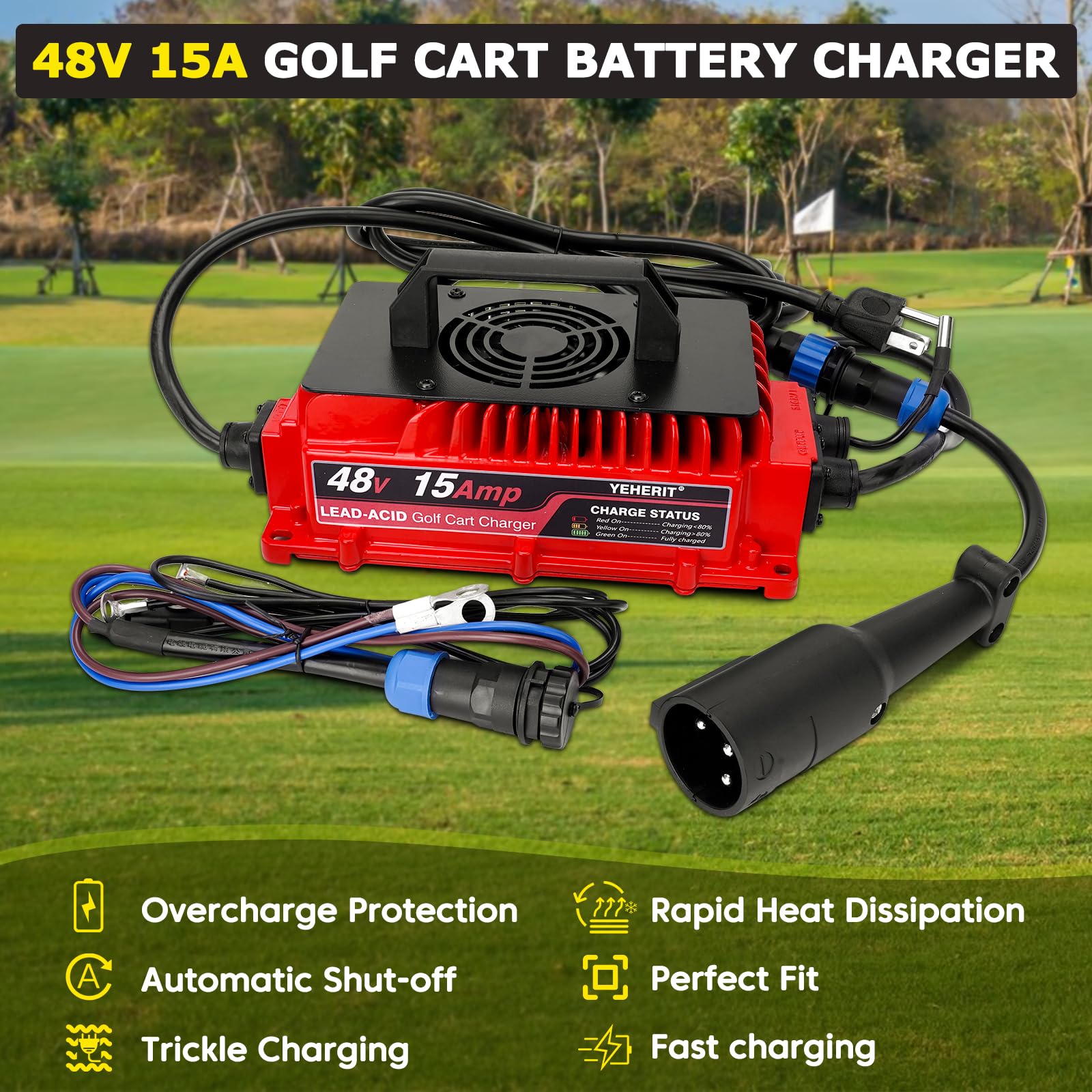 48V 15A Golf Cart Battery Charger for Club Car - Fast Charging & Waterproof Design - Perfect for Golf Carts, Electric Vehicles & Outdoor Power Equipment