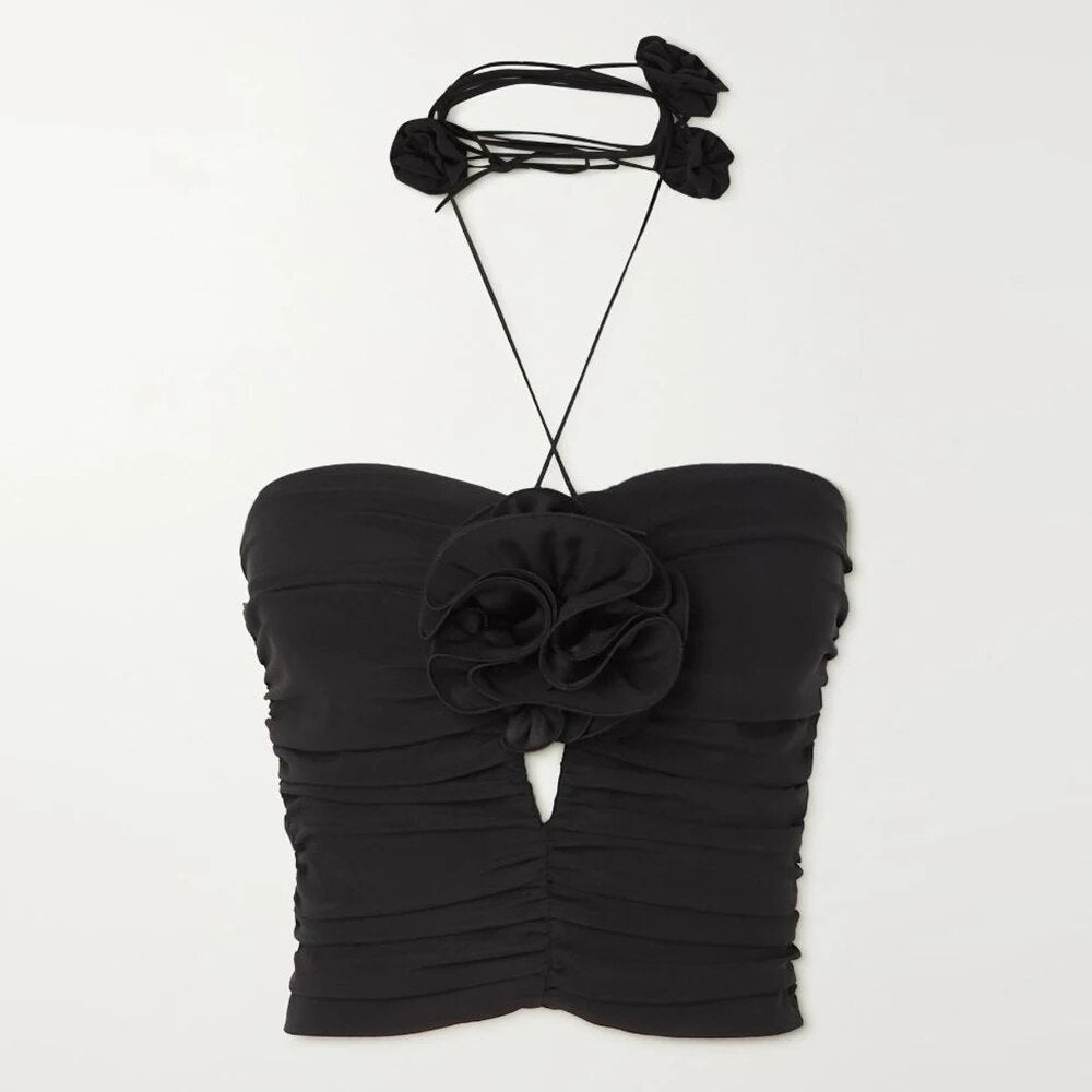 Black Patchwork Floral Vest for Women - Halter Sleeveless Solid Sexy Camisole Summer Top | Beachwear, Music Festival Outfit, Casual Street Style Fashion