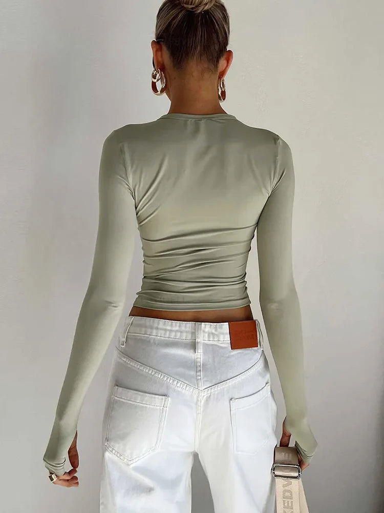 Stylish Women's Long Sleeve Crew Neck Slim Fit Crop Top with Thumb Holes - Solid Color Casual Streetwear T-Shirt for Summer | Perfect for Daily Wear, Gym, Yoga & Outdoor Activities