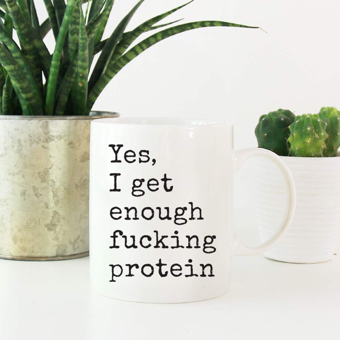 11oz Funny Vegan Coffee Mug - 'Yes I Get Enough Fucking Protein' Sarcastic Gift for Vegetarians - 1-Pack with Gift Box - Perfect for Office Humor & Plant-Based Dieters