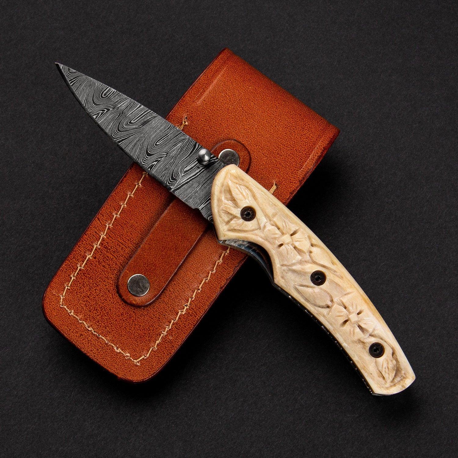 Premium Damascus Steel Folding Knife with Exquisite Carved Bone Handle - Compact EDC Pocket Knife for Camping, Hunting & Outdoor Adventures