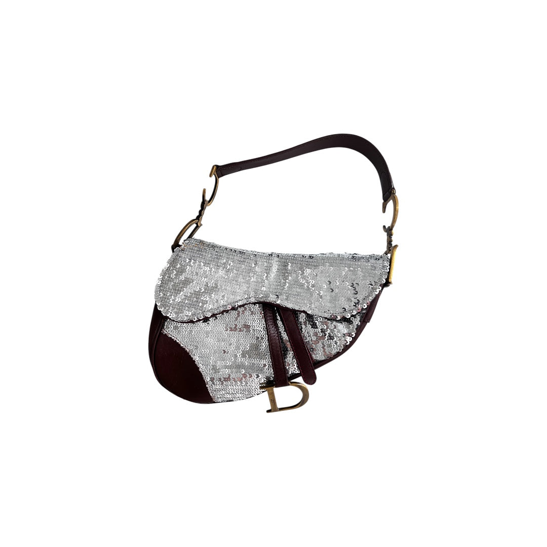 Vintage Dior Silver Sequin Leather Saddle Bag - Luxury Crossbody Purse for Women, Evening Parties & Special Occasions