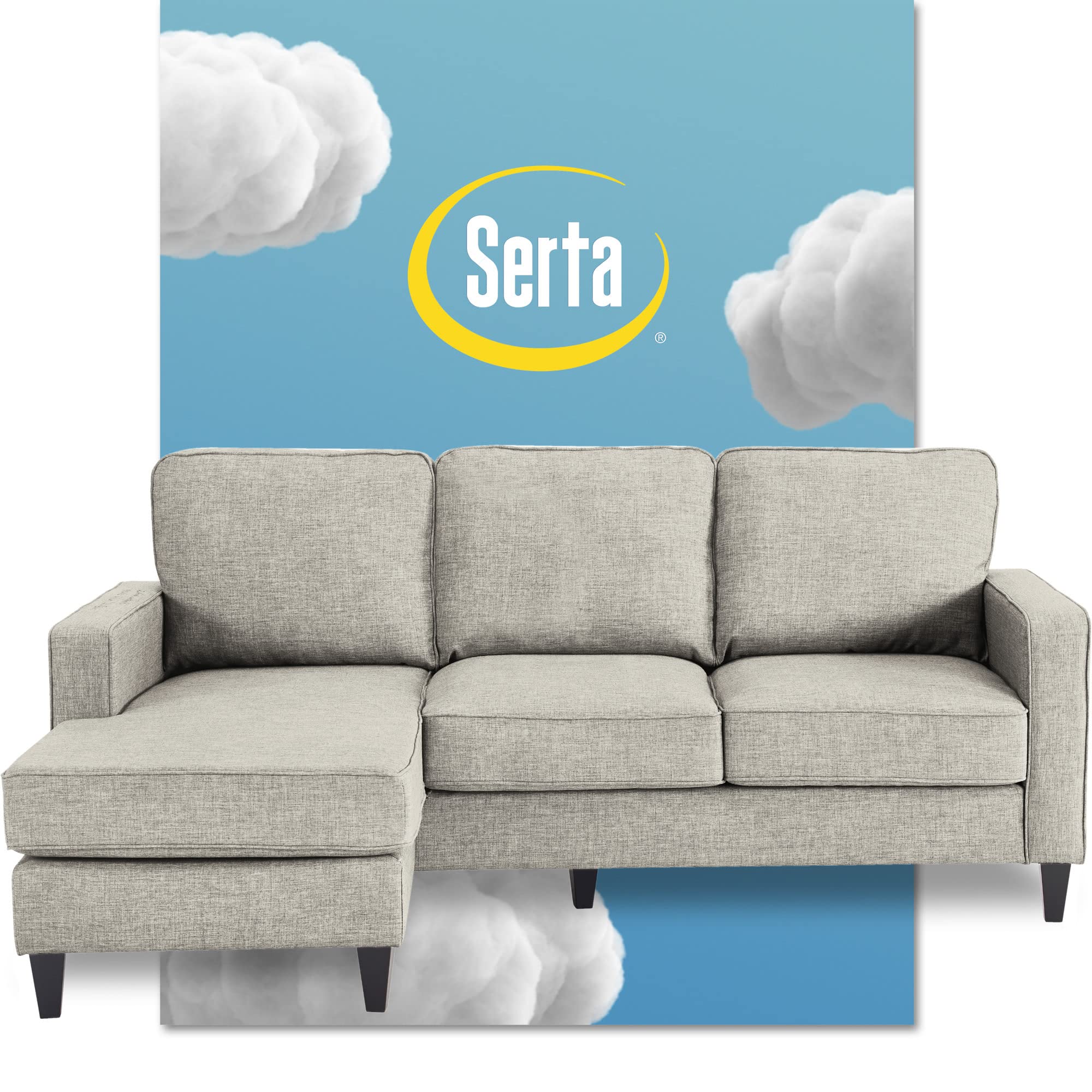 Serta Harmon Reversible L-Shaped Sectional Sofa - Modern Small Space Couch with Soft Fabric Upholstery, Square Arms & Pillow Back Cushions in Light Gray - Perfect for Apartments, Living Rooms and Cozy Home Spaces