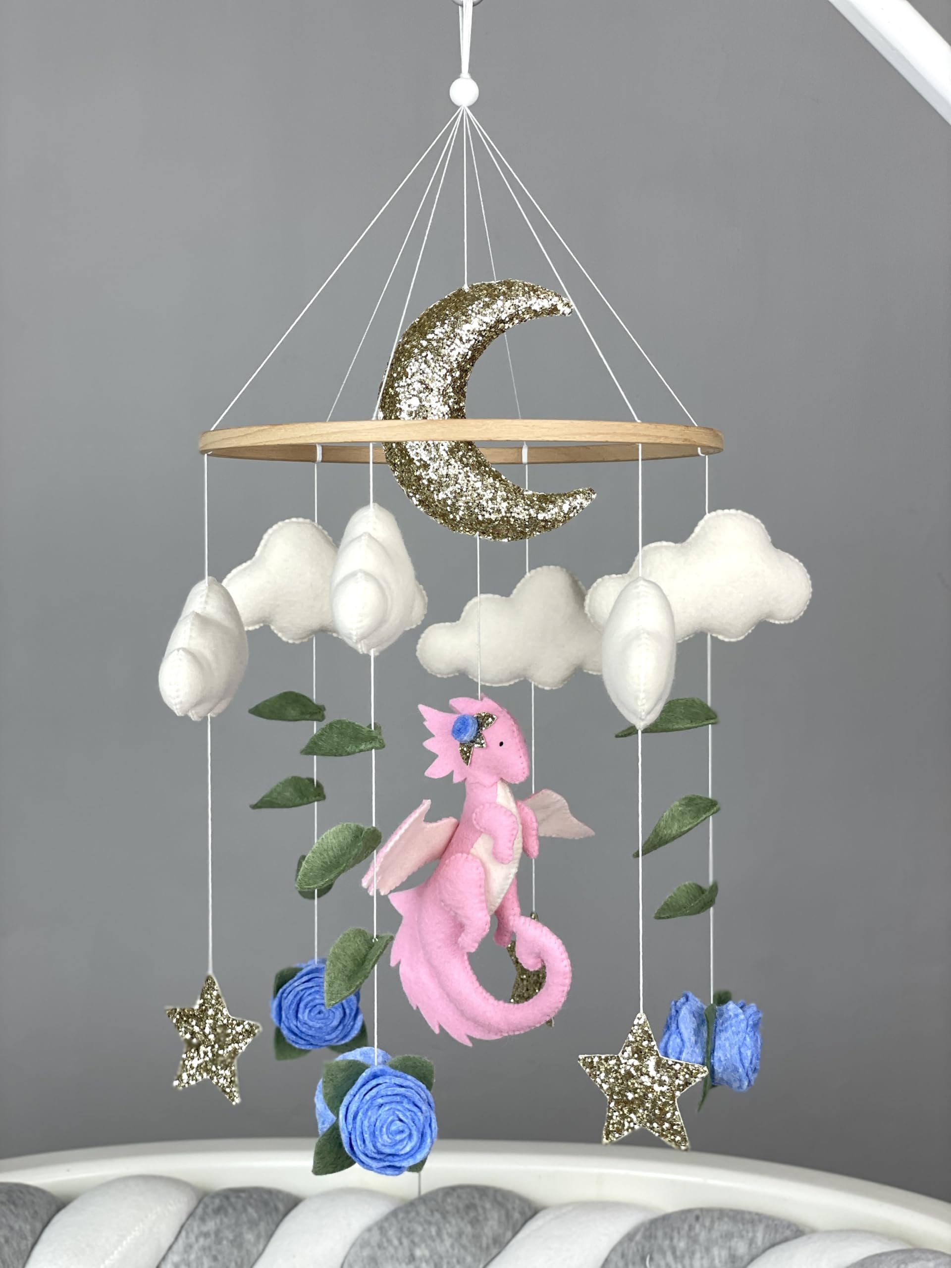 Pink Dragon Baby Crib Mobile - Fantasy Nursery Decor, Felt Dragon & Flower Mobile for Baby Girls - Perfect for Baby Showers & Newborn Gifts | Nursery Decor, Baby Room Theme, Infant Visual Stimulation