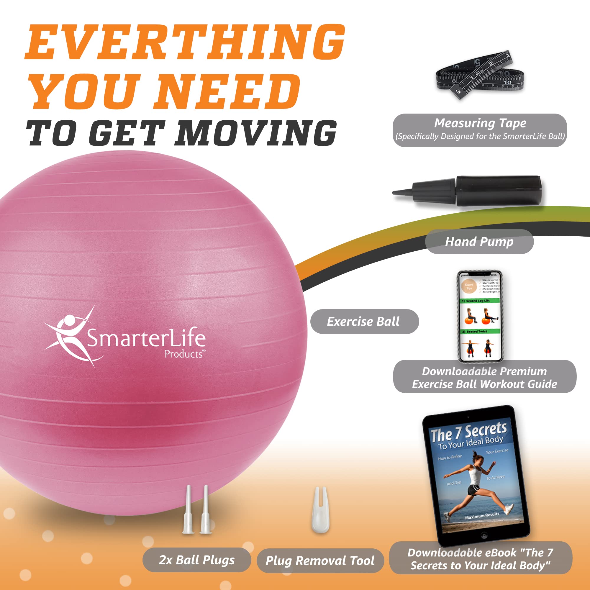 Premium Exercise Yoga Ball for Fitness, Core Workout & Physical Therapy - Anti-Burst, Anti-Slip Stability Ball for Home Gym, Office Chair & Pregnancy Support - Ideal for Yoga, Pilates & Balance Training