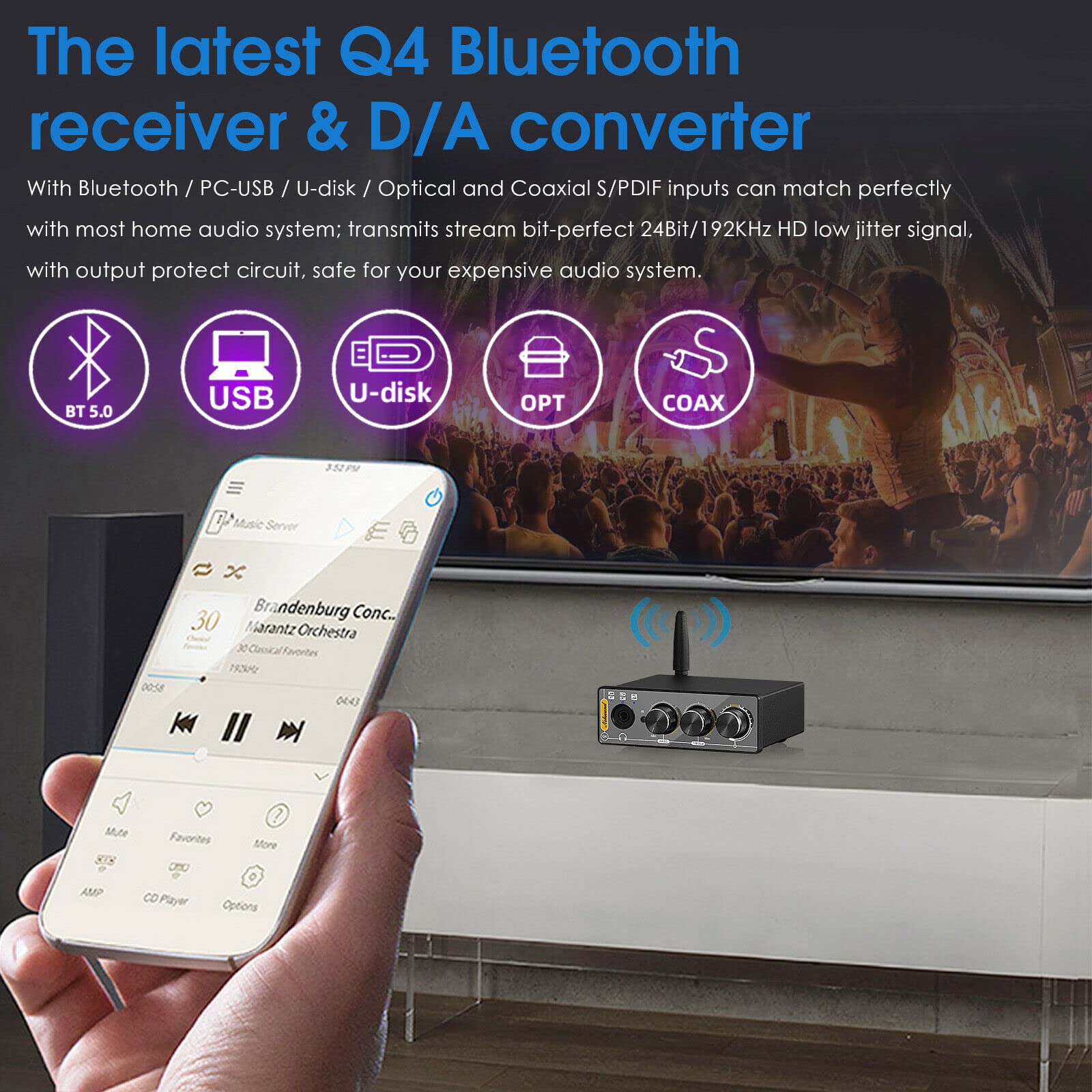 Nobsound Q4 DAC Bluetooth 5.0 Headphone Amp - Hi-Fi Audio Converter for PC/USB/Coaxial/Optical to RCA - Home Studio & Gaming