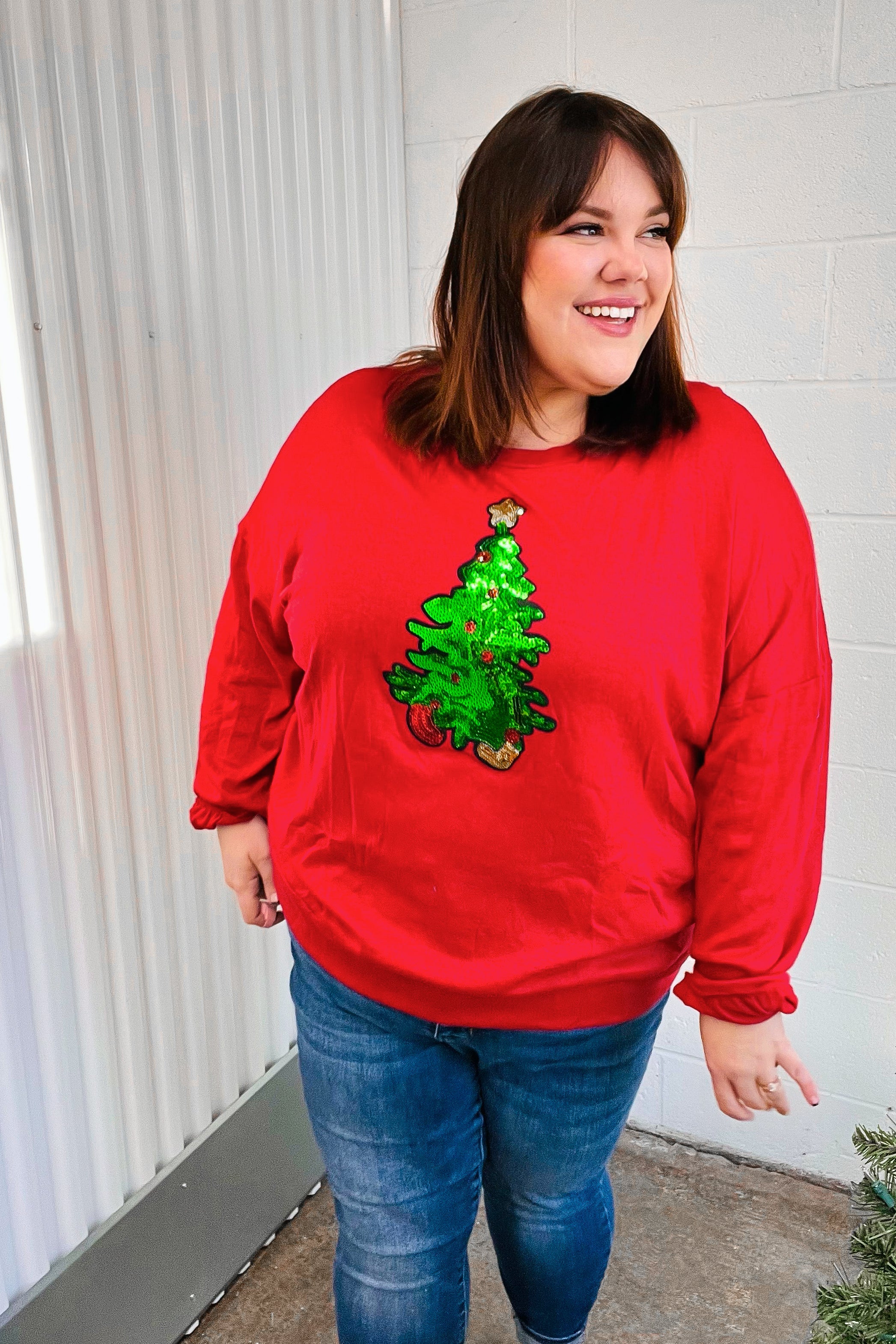 More The Merrier Red Sequin Christmas Tree Hacci Top - Festive Holiday Party Blouse for Women, Christmas Dinner & New Year Celebration Outfit