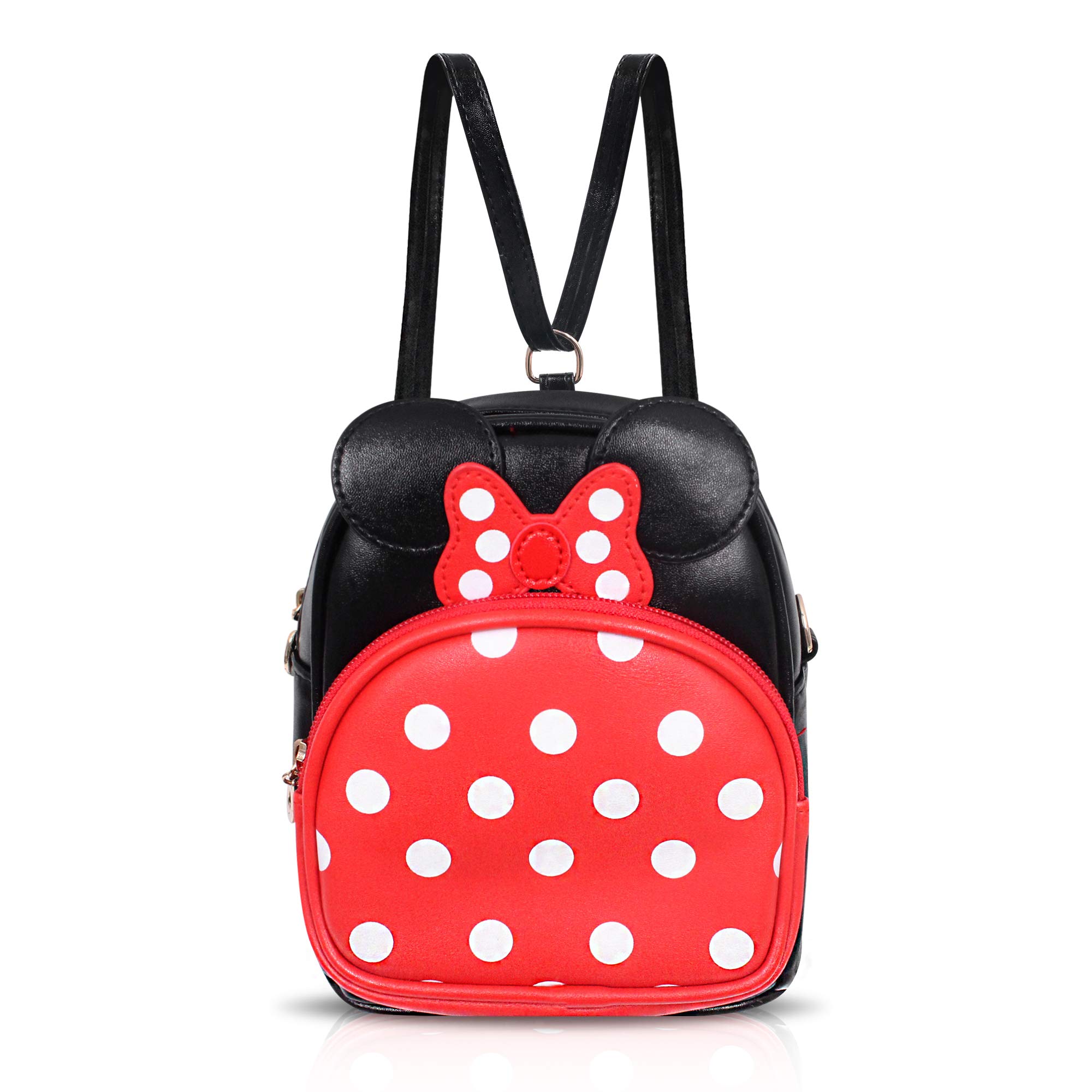 Minnie Mouse Polka Dot Small Backpack & Crossbody Bag 2-in-1 - Adjustable Shoulder Strap PU Leather Mini Backpack for Women & Girls, Travel, School, Makeup Organizer (Red/Black) - Perfect for Disney Fans, Theme Parks & Everyday Use