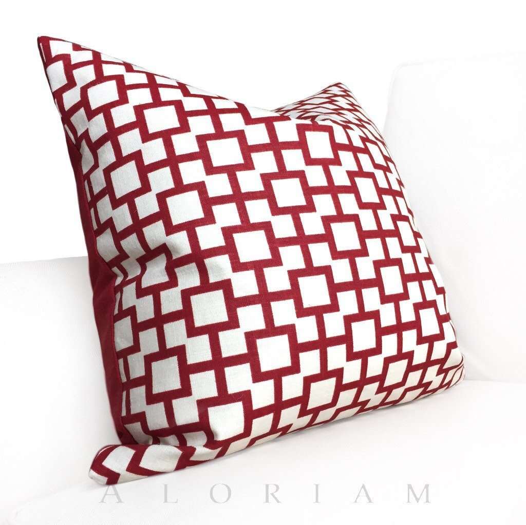 Robert Allen Cats Cradle Red Cream Geometric Squares Linen Pillow Cover - Modern Home Decor for Living Room, Bedroom & Sofa