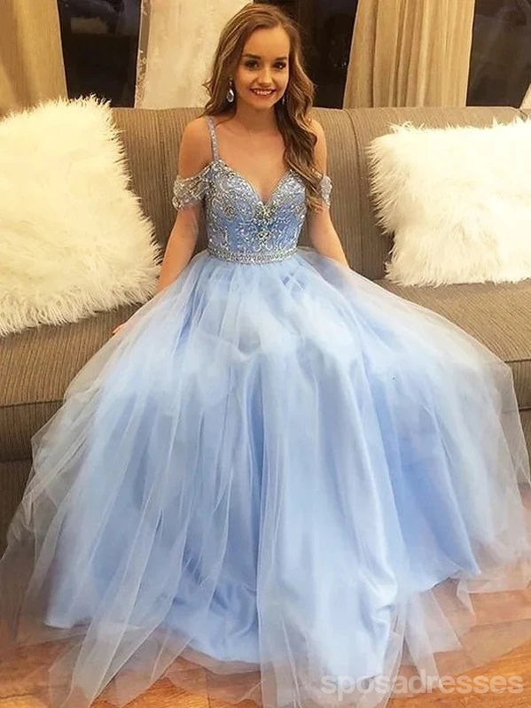Elegant Blue A-Line Cold Shoulder Maxi Prom Dress for Women | Formal Evening Gown | Perfect for Prom, Homecoming, Weddings & Special Occasions