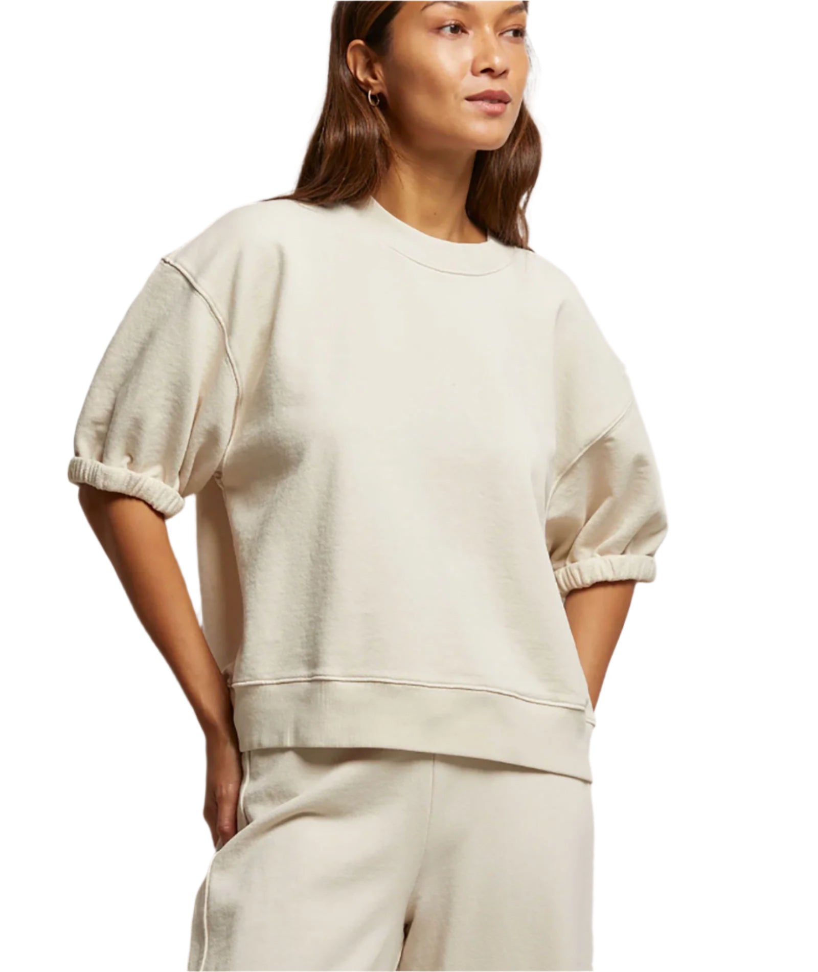 Women's Perfect White T-Shirt | Rebecca French Terry 3/4 Puff Sleeve Sweatshirt | Casual Wear, Layering & Everyday Comfort