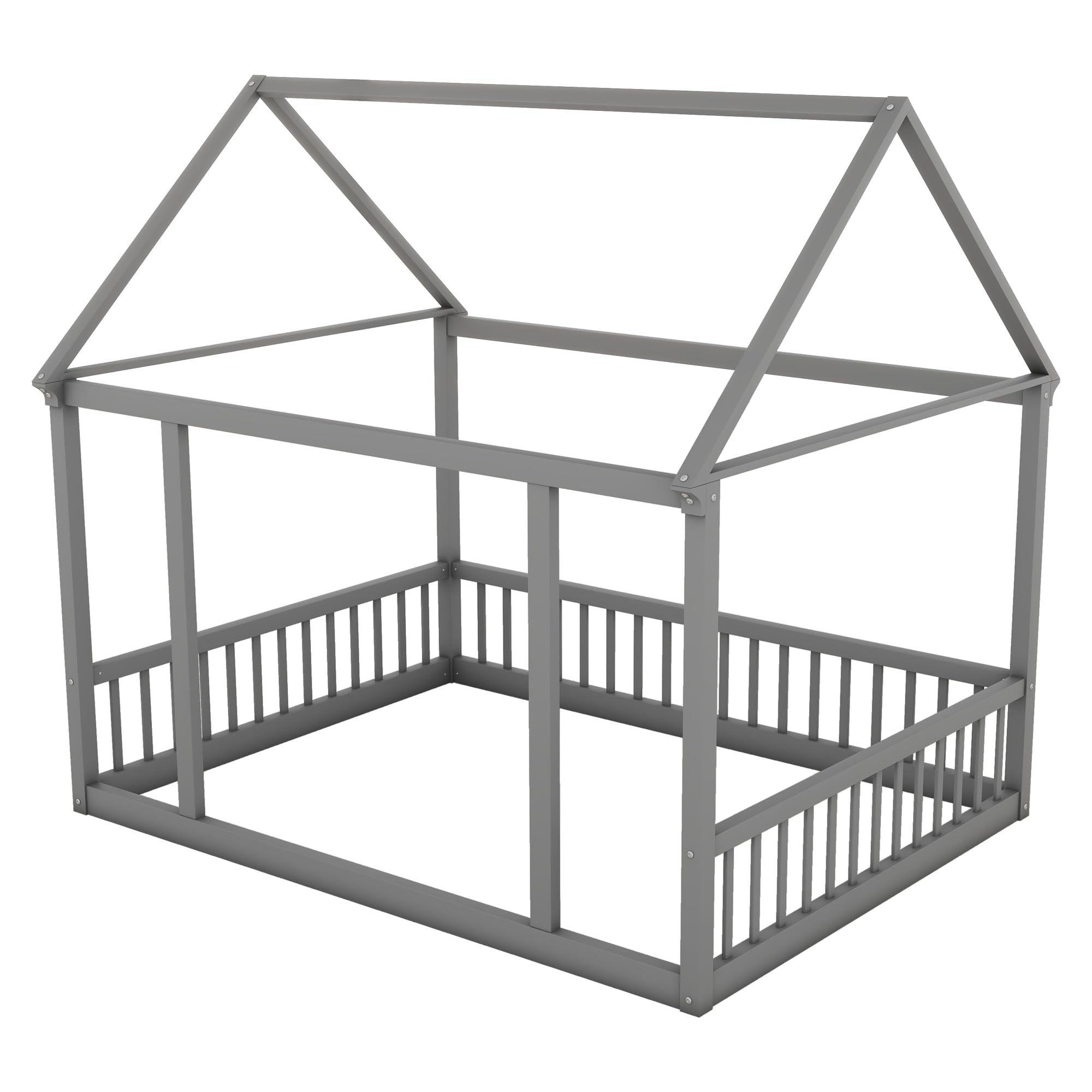 Bellemave Full Size Wooden Floor Bed for Kids - Montessori House Bed Frame with Safety Fence, Playhouse Design for Boys & Girls (Gray) - Perfect for Bedrooms, Playrooms & Montessori Learning Spaces