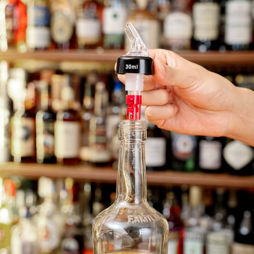 Bar Lux 1 oz Red Plastic Measured Liquor Pourer with Collar & Clear Spout - 50 Count Box - Perfect for Bartending, Home Bars & Professional Cocktail Mixing