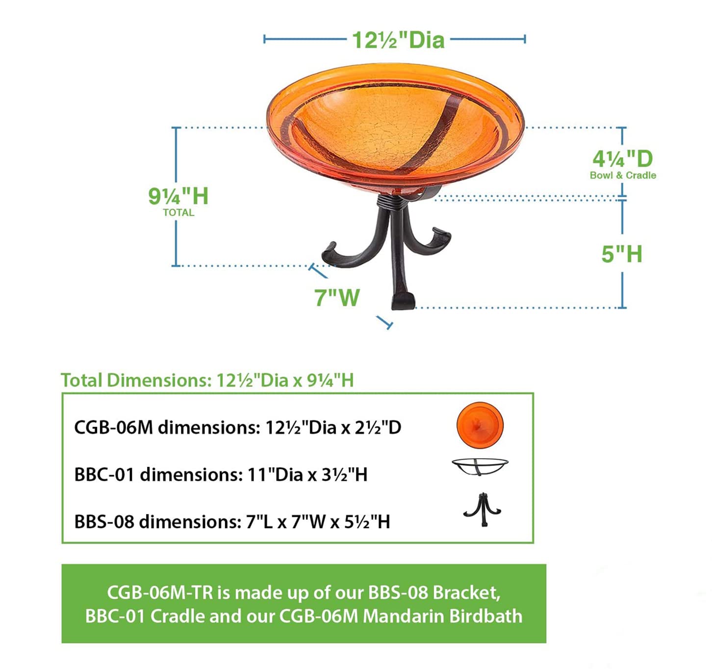 12 Inch Mandarin Crackle Tripod Stand Bracket Birdbath - CGB-06M-TR - Durable Outdoor Garden Decor for Birds and Wildlife