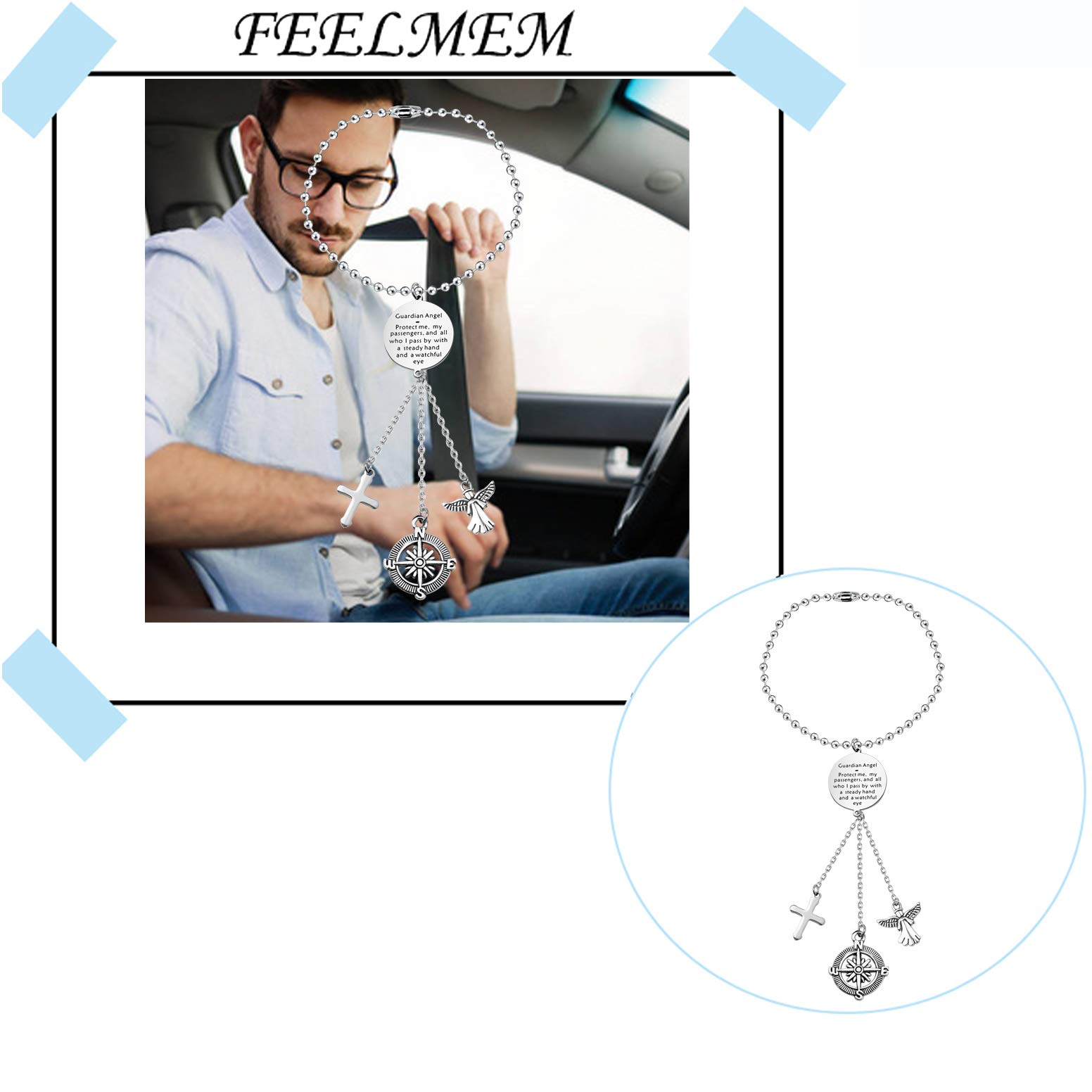 FEELMEM Guardian Angel Prayer Car Charm - Spiritual Protection for Drivers & Passengers | Religious Car Accessory Gift for Safe Travel | Perfect for Hanging on Rearview Mirror (Christian Faith-Based Decor)
