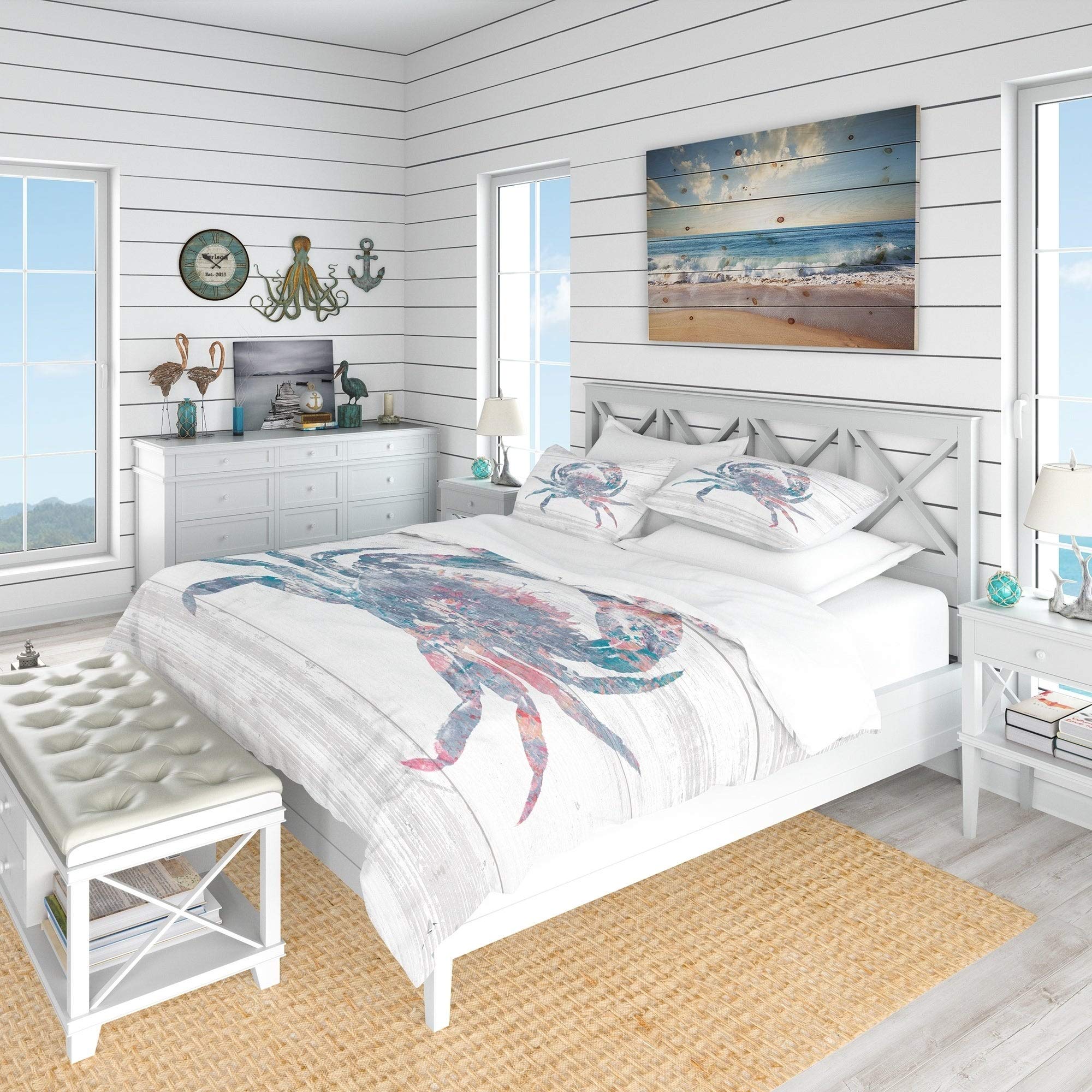 Designart Pink Crab Ocean Life Nautical Twin Bedding Set - 2 Piece Duvet Cover + 1 Pillow Sham (Comforter Not Included) | Coastal Beach Themed Bedroom Decor for Kids & Teens
