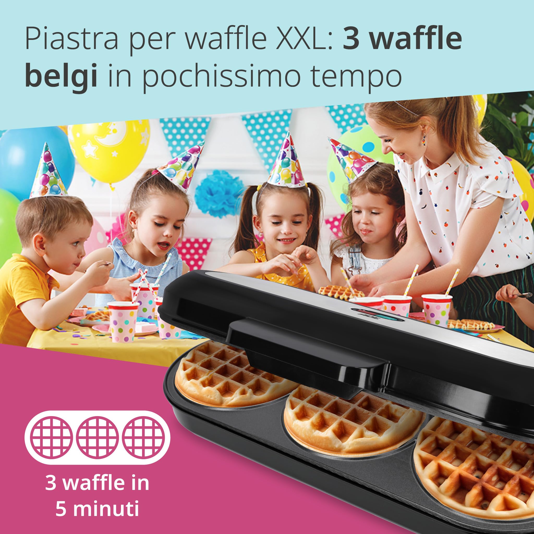 ADE XL Waffle Maker - 3 Round Non-Stick Waffle Iron with 1200W Power - Perfect for Kids Birthday Parties, Family Breakfast & Holiday Celebrations