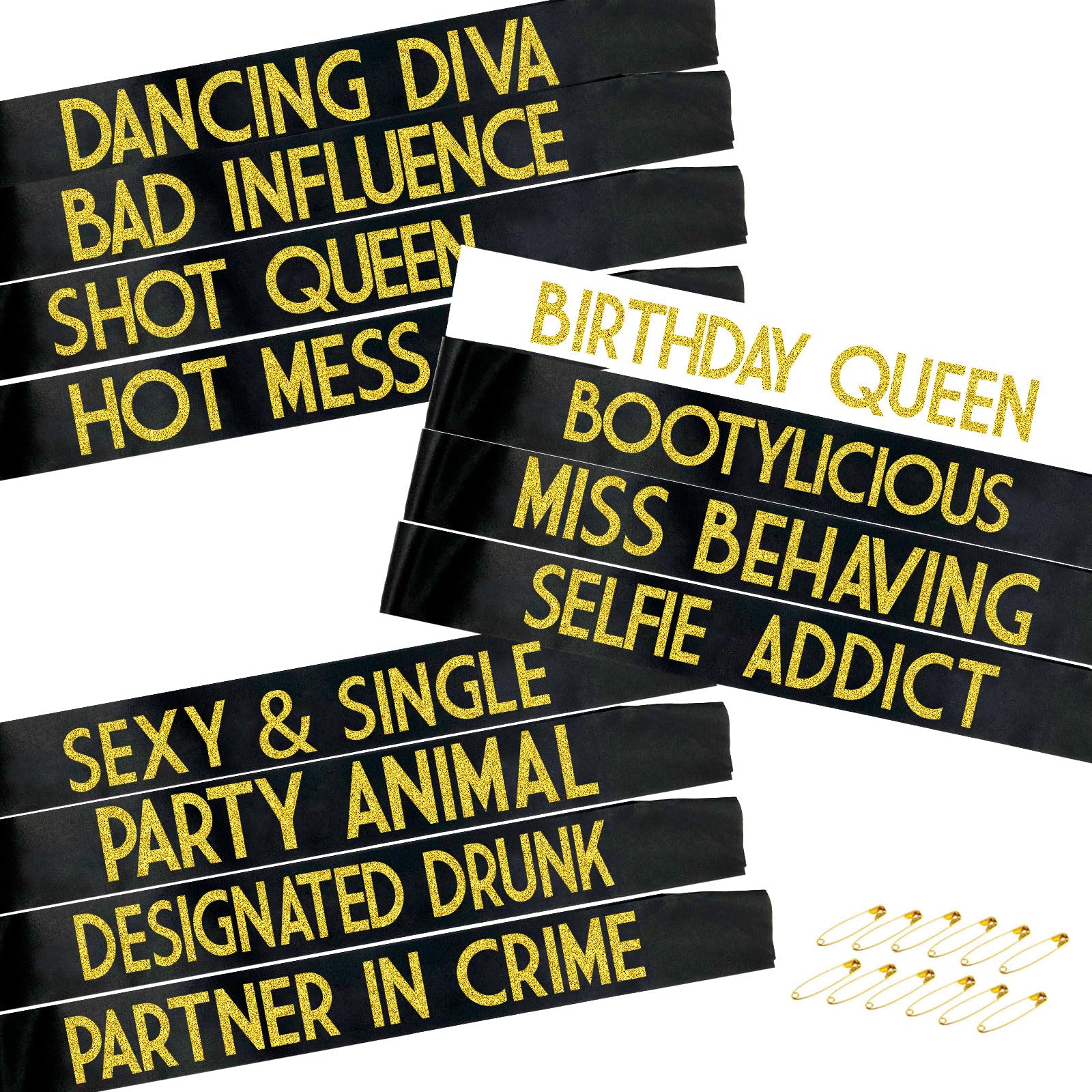 12 Pack Queen Sashes for Women - Birthday Party Squad Sash Set with Black, White & Gold Glitter Letters | Funny Bachelorette Party Gifts, Girls Night Out Accessories, Birthday Celebration Decorations