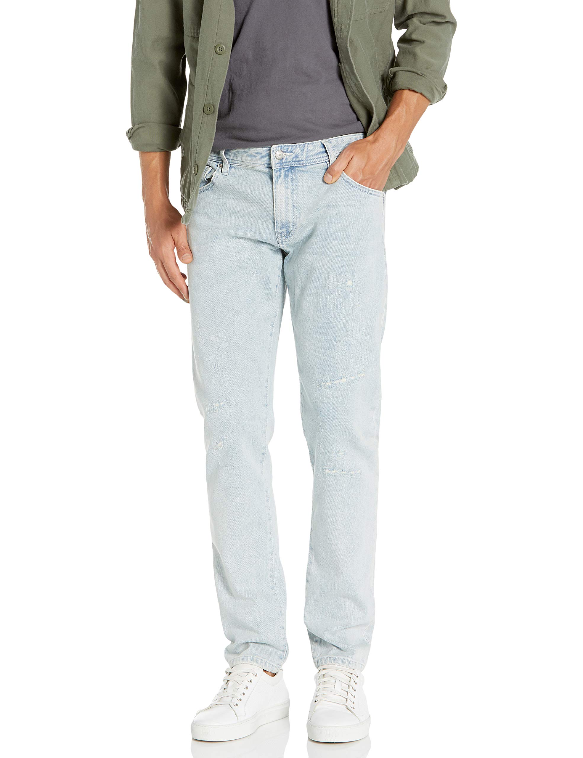 Armani Exchange Men's Super Light Wash Patch & Repair Skinny Fit Denim Jeans - Stylish Distressed Jeans for Casual Wear & Night Out