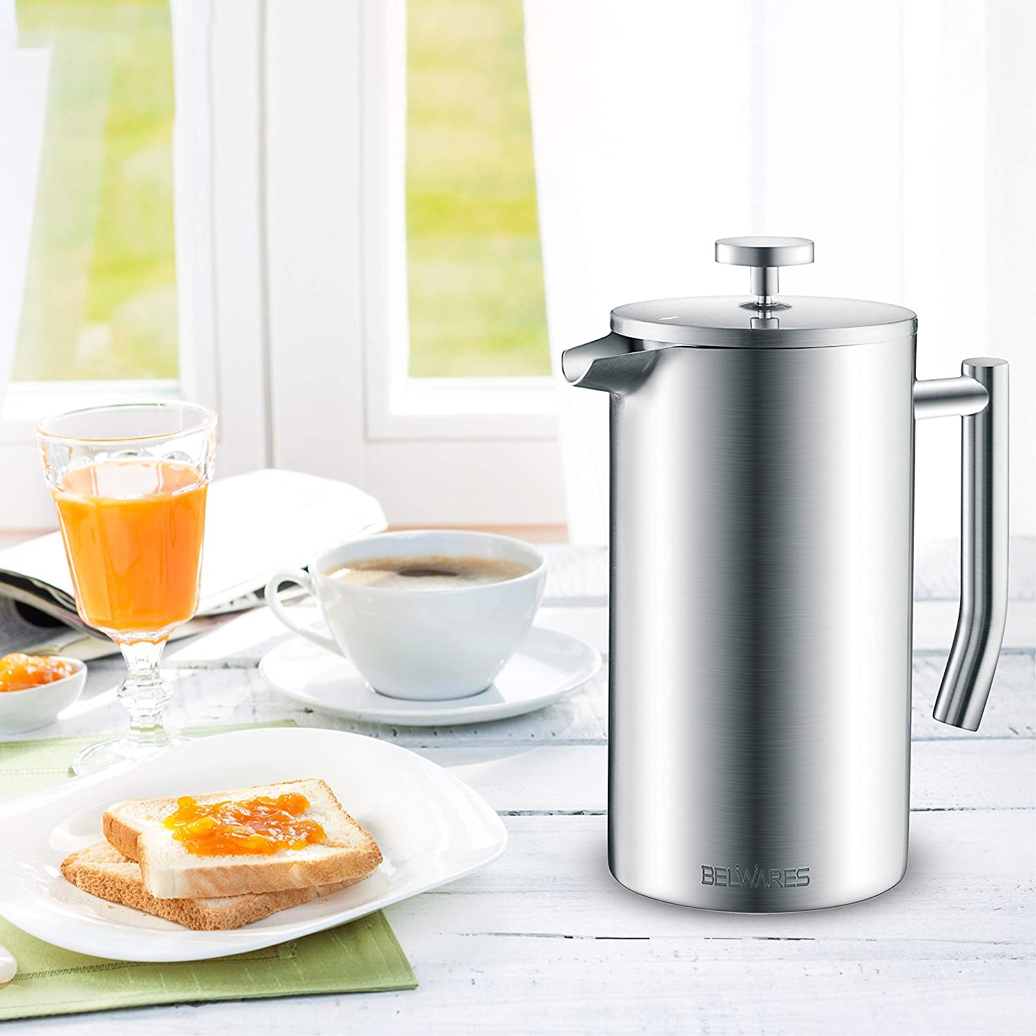 Belwares 50 Oz French Press Coffee Maker - Stainless Steel 304 Insulated Coffee Press with Double Wall & 4-Stage Filtration System (1.5L, Silver) - Perfect for Home, Office, Camping & Gifts