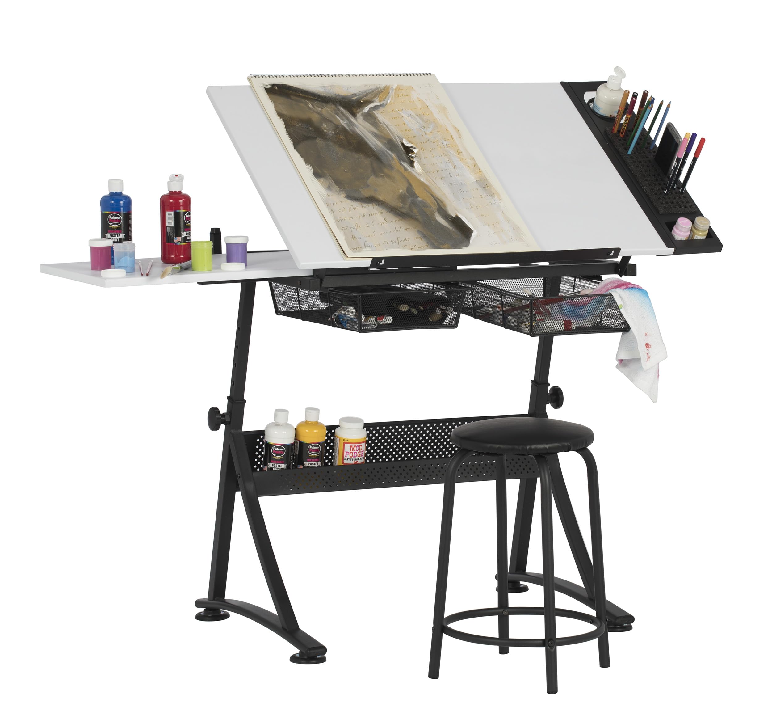 Adjustable Height Drafting Table with Stool - Tiltable Desktop for Artists & Architects - Charcoal & White Finish - Perfect for Home Studios, Office Workspaces & Creative Projects