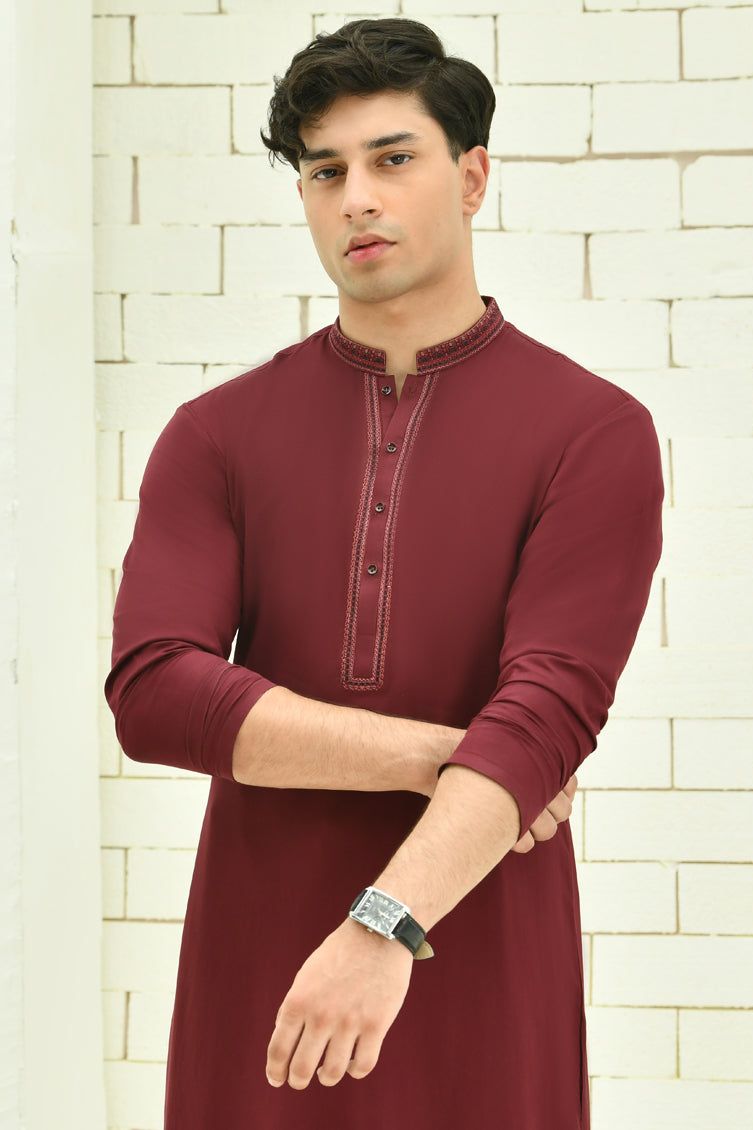 Elegant Blended Red Kameez Shalwar by J. Junaid Jamshed - Traditional Pakistani Dress for Women, Perfect for Weddings, Eid & Special Occasions
