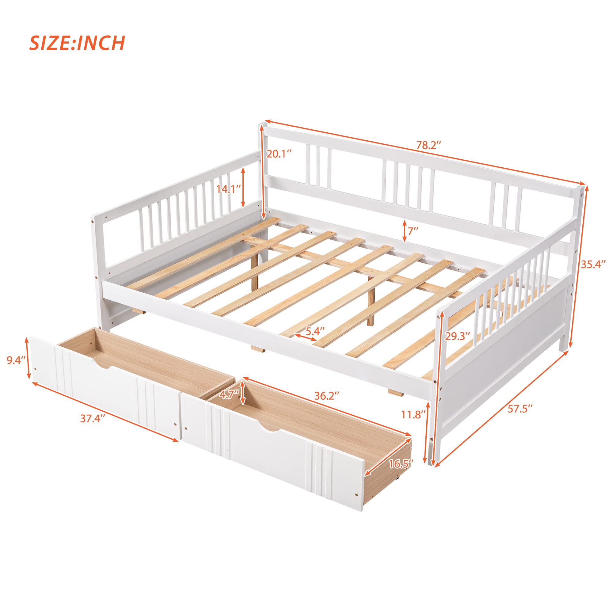 Full Size Wooden Daybed with Storage Drawers - Convertible Sofa Bed for Teens & Adults - Perfect for Guest Rooms, Dormitories & Small Spaces (White)