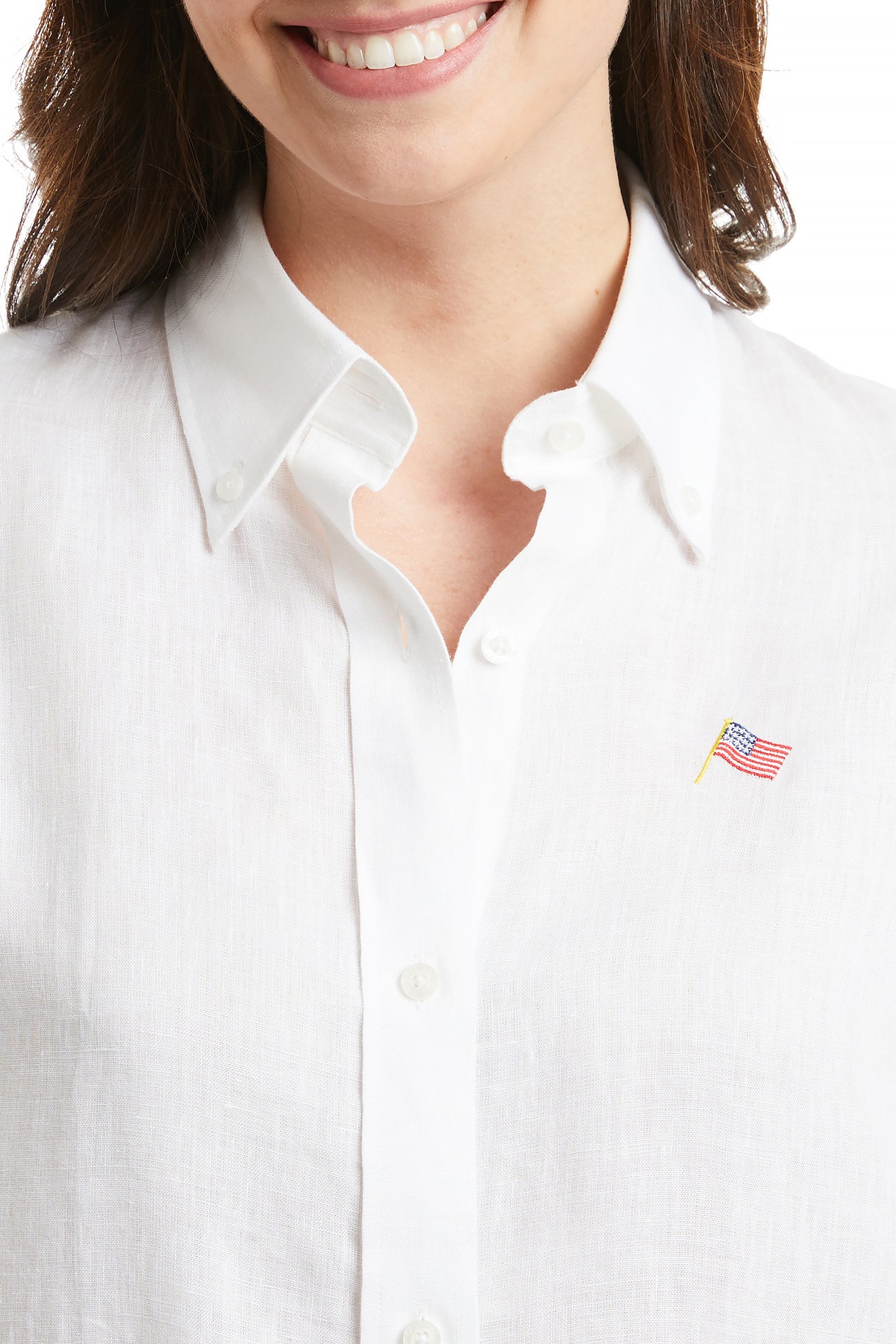 Women's White Linen Button Down Shirt with American Flag Design - Perfect for Casual Wear, Office Outfits & Patriotic Events