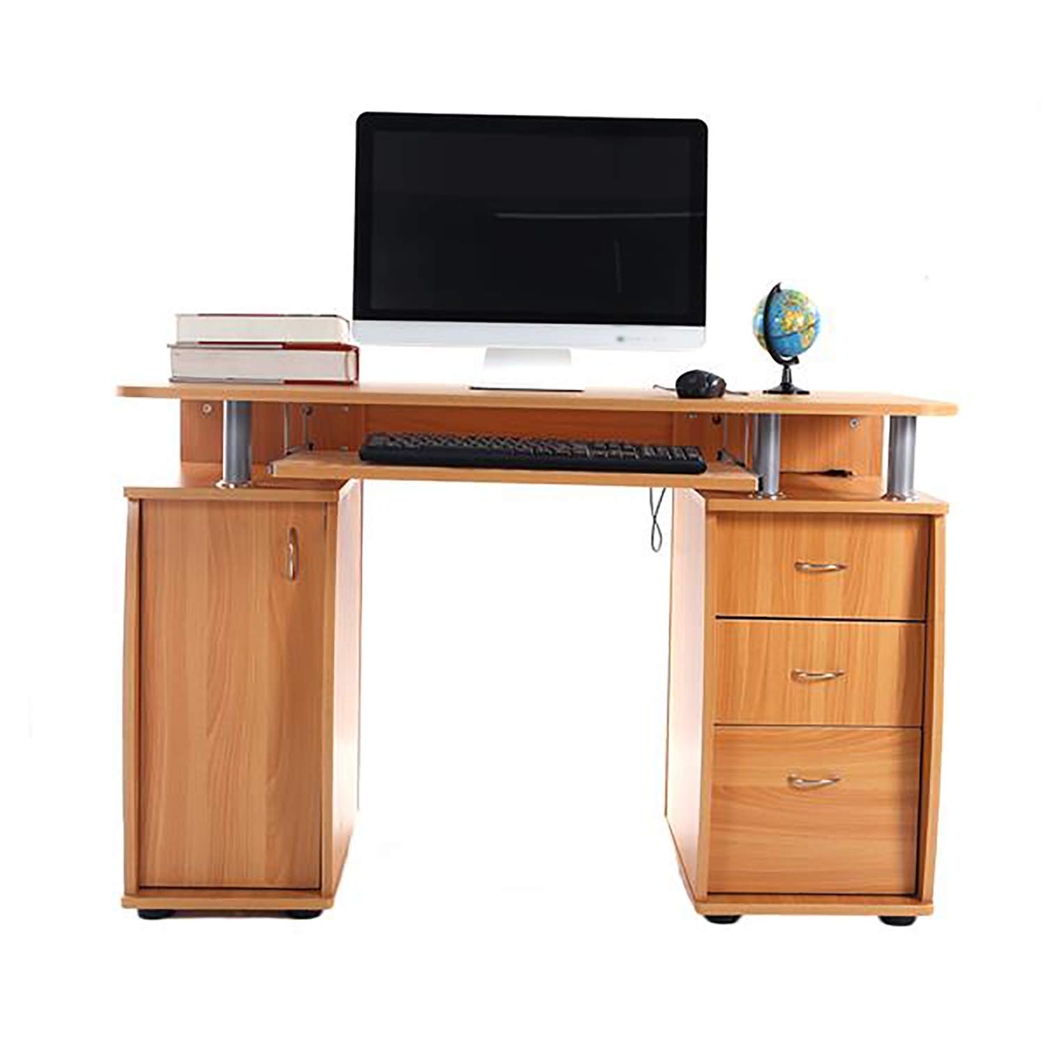 Aveland 2021 Standard Office Computer Desk with 3 Drawers - Beech Wood Gaming Study Desk for Home & Office Workspace - Perfect for Remote Work, Online Classes, and PC Gaming Setup