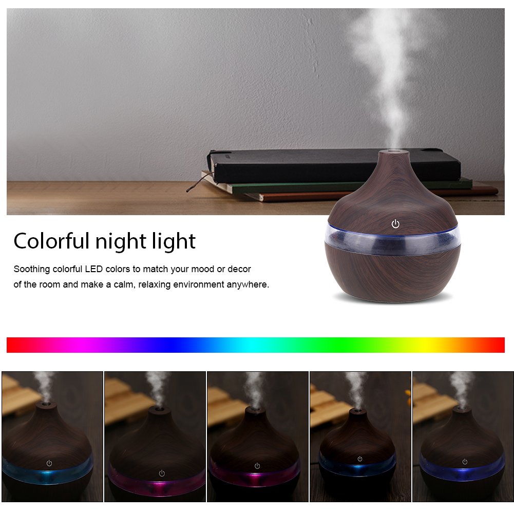 Wood Grain Humidifier 300ml - USB Powered Cool Mist Humidifier with Colorful LED Night Light for Home, Office, Car & Bedroom - Perfect for Dry Air Relief, Aromatherapy & Baby Nursery