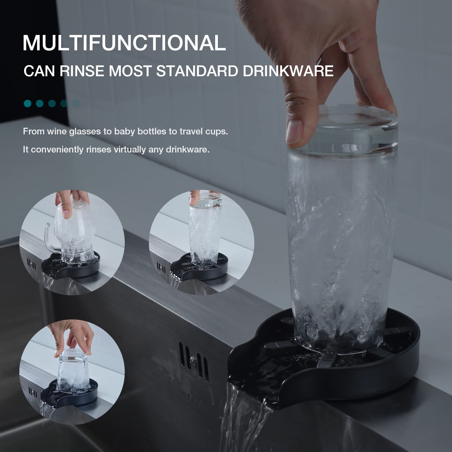 TRUSTMI Stainless Steel Matte Black Kitchen Sink Glass Rinser with Add-A-Tee Valve & Water Supply Line - Bar Glass Cleaner for Home & Commercial Use - Perfect for Restaurants, Bars, and Kitchen Sinks