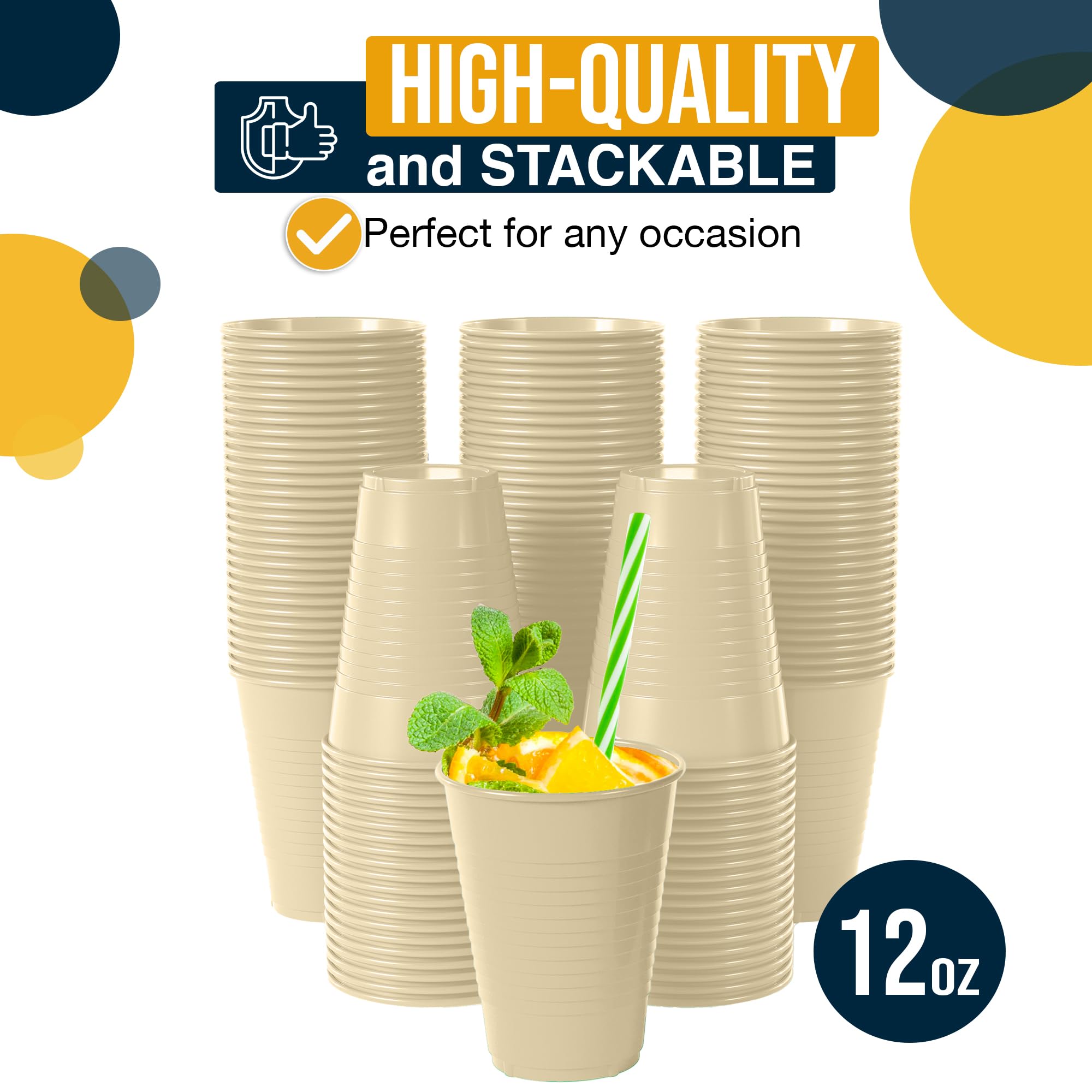 50 Pack 12 Oz Ivory Plastic Cups - Disposable Party Cups for Events, Celebrations & Everyday Use | Durable & Elegant Drinking Cups for Weddings, BBQs, Picnics & Home Gatherings