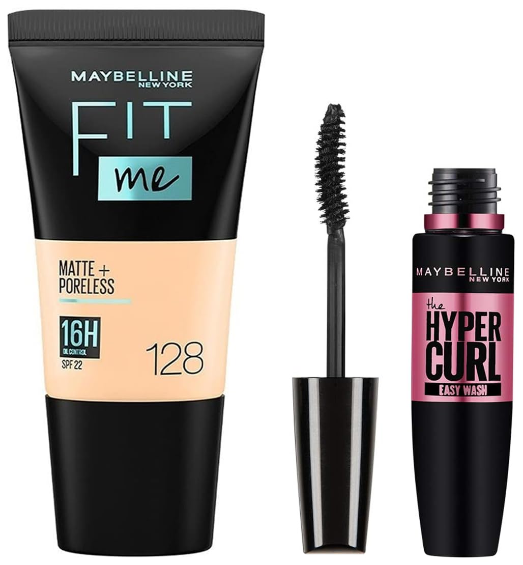 Maybelline New York Fit Me Matte + Poreless Liquid Foundation for Oily Skin - 128 Warm Nude (18ml) & Hypercurl Washable Mascara - Black (9.2ml) - Lightweight, Oil-Free Makeup for All-Day Wear - Perfect for Work, Date Night & Special Occasions