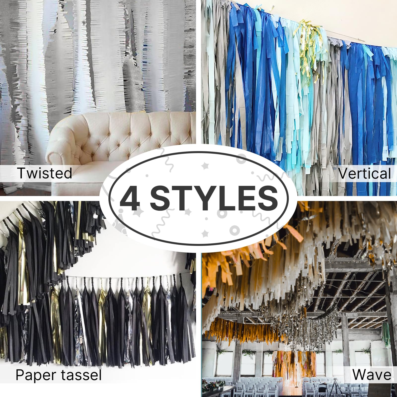 PartyWoo Silver Foil Crepe Paper Streamers - 4 Rolls (328ft Total) for Birthday, New Year's Eve & Wedding Decorations - 1.8