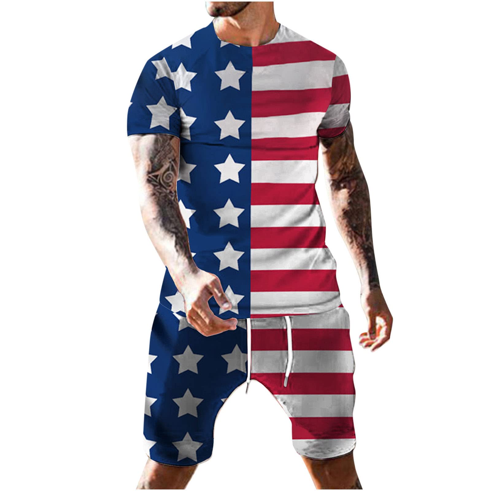 MOXIU Men's 4th of July Patriotic 2-Piece Tracksuit Set - Short Sleeve Graphic T-Shirt & Athletic Shorts | Summer Casual Outfit for BBQ, Beach & Independence Day Celebrations