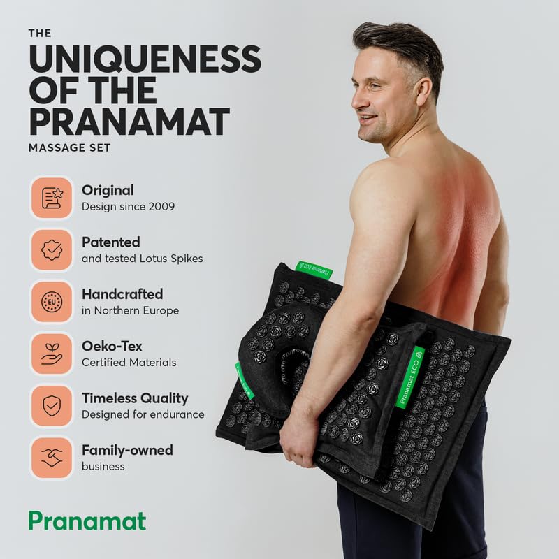 Pranamat Large Acupressure Mat with Pillow Set for Back Pain Relief & Better Sleep | Natural Eco-Friendly Materials | Handmade in Europe | Perfect for Home Yoga, Meditation & Stress Relief
