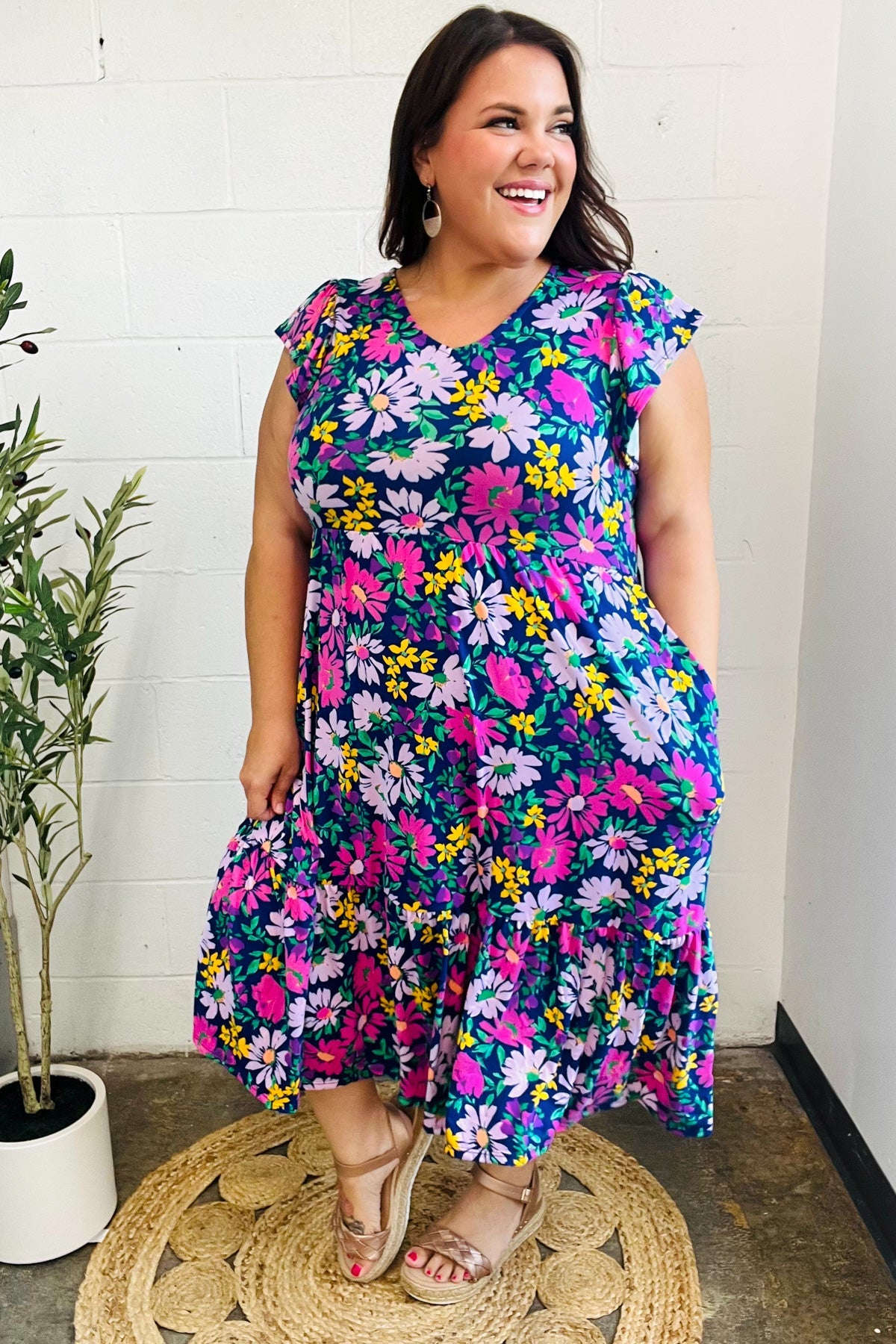 Diva Dreams Navy & Lilac Floral Fit & Flare Midi Dress for Women - Elegant Summer Party & Wedding Guest Outfit