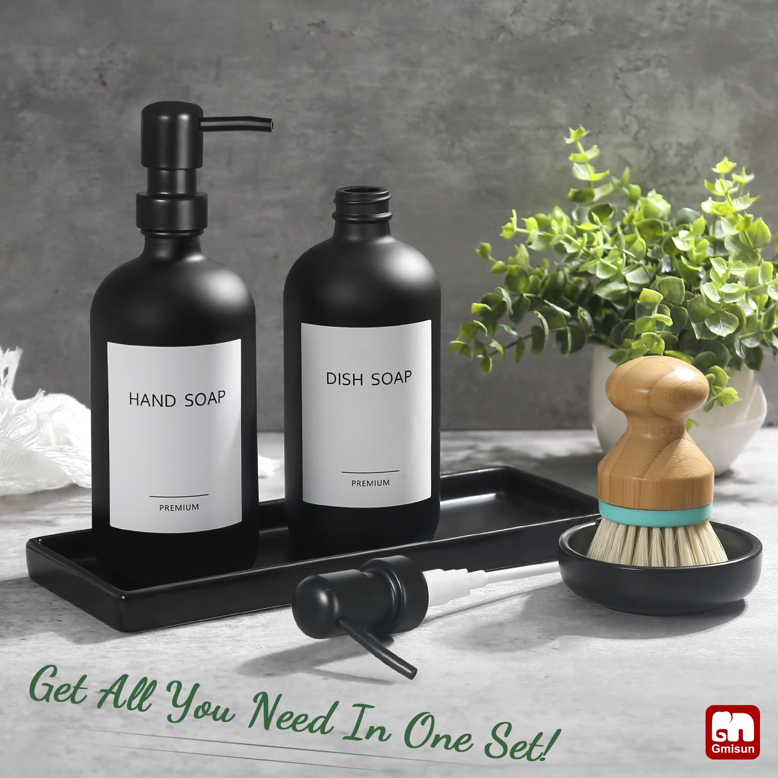 GMISUN 17 fl oz Glass Soap Dispenser Set with Ceramic Tray & Bamboo Brush - Matte Black Refillable Hand and Dish Soap Bottle for Kitchen Sink Countertop - 2PCS Modern Soap Dispenser Set for Bathroom & Kitchen Decor