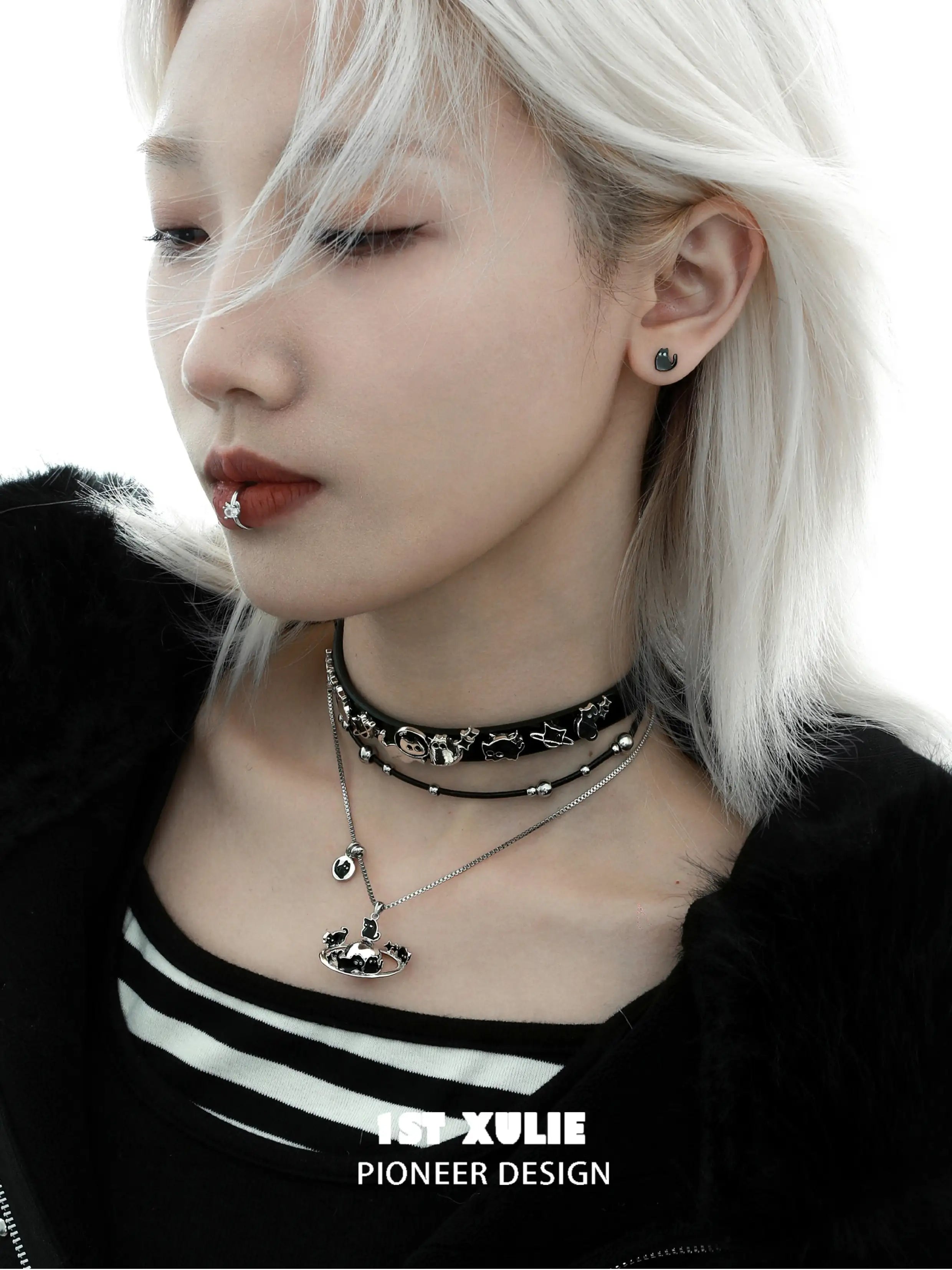 18K Black Gold Plated Leather Choker Necklace with Ghost & Black Cat Design - Gothic Jewelry for Women, Halloween Costume Accessory, Party Wear