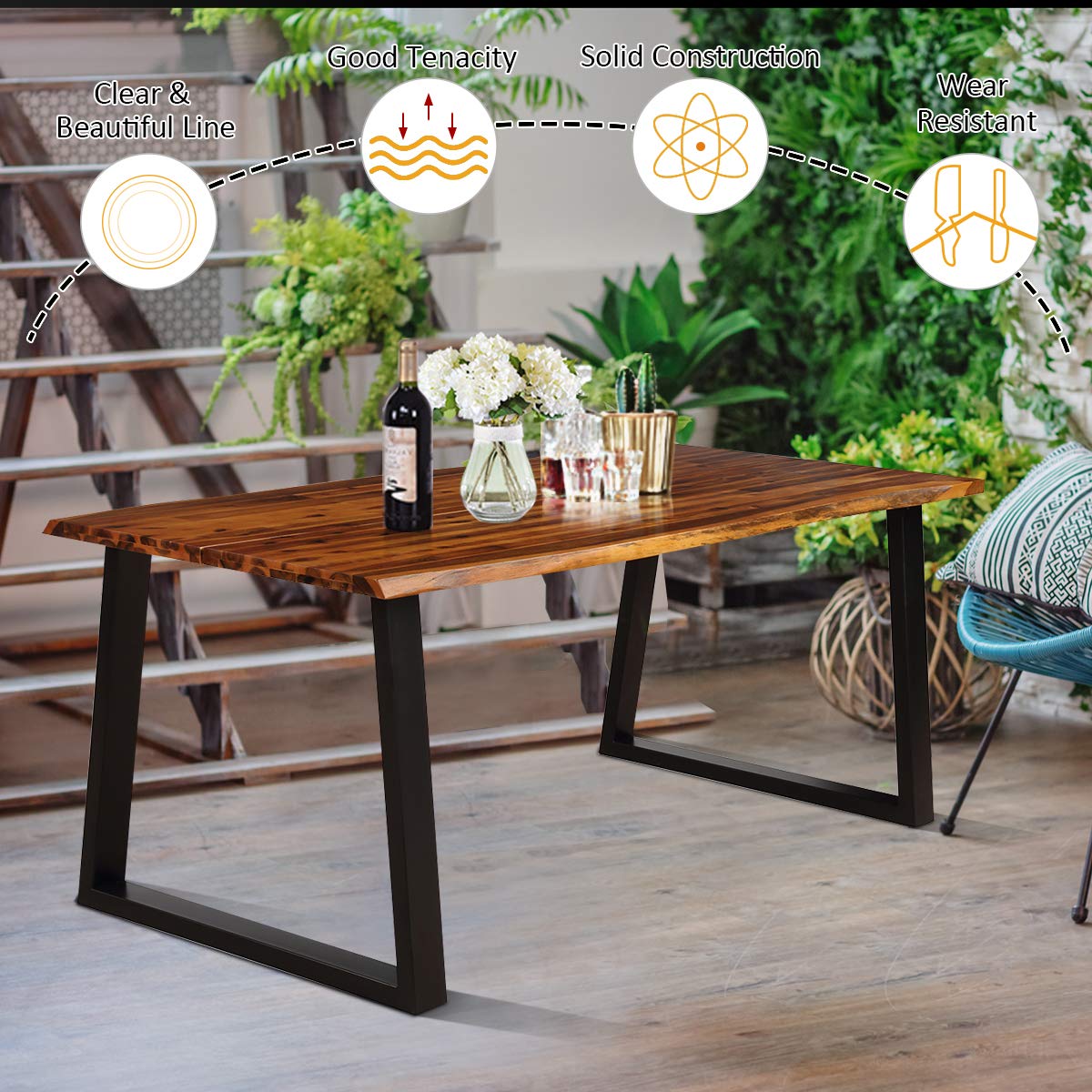 Giantex 6-Person Rectangular Acacia Wood Dining Table - Rustic Farmhouse Style Indoor/Outdoor Patio Furniture Set (Rustic Brown & Black) - Perfect for Backyard BBQs, Family Gatherings & Outdoor Entertaining