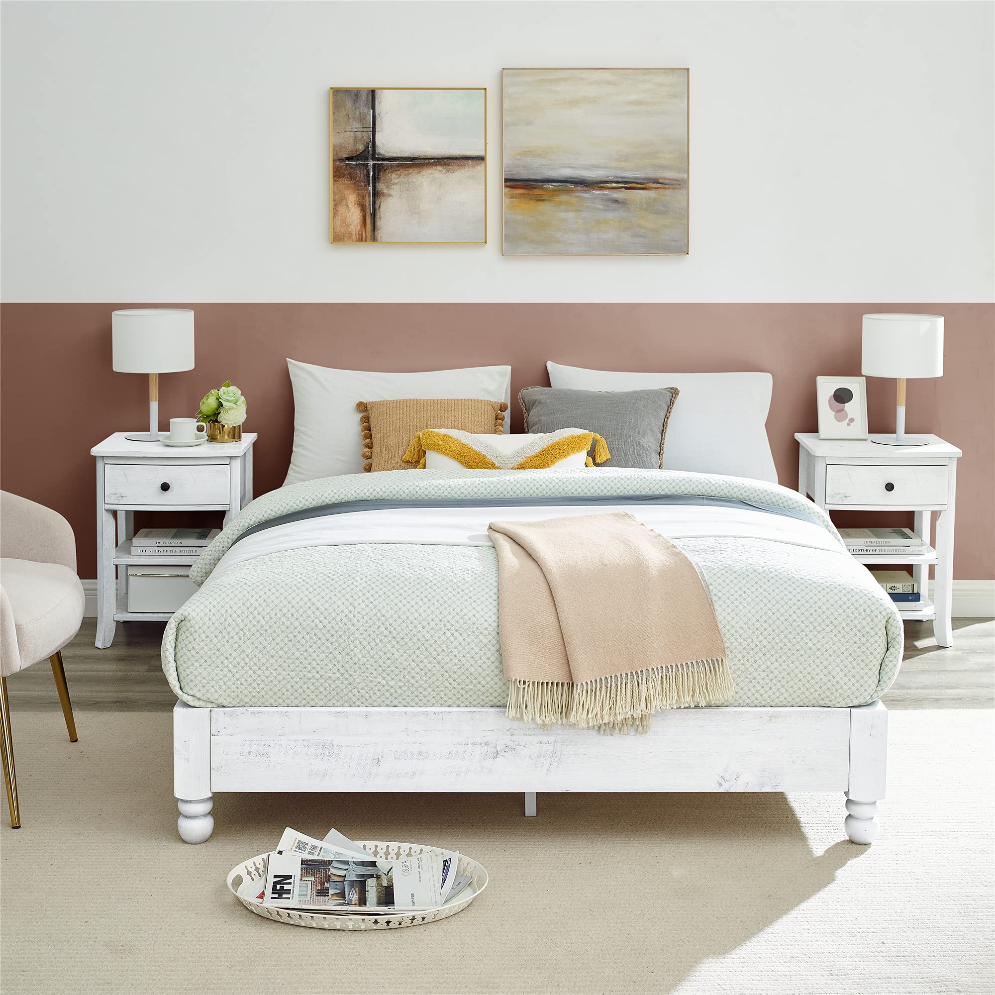 Solid Wood Platform Bed Frame - Full Size, Rustic White Washed Finish for Bedroom Decor