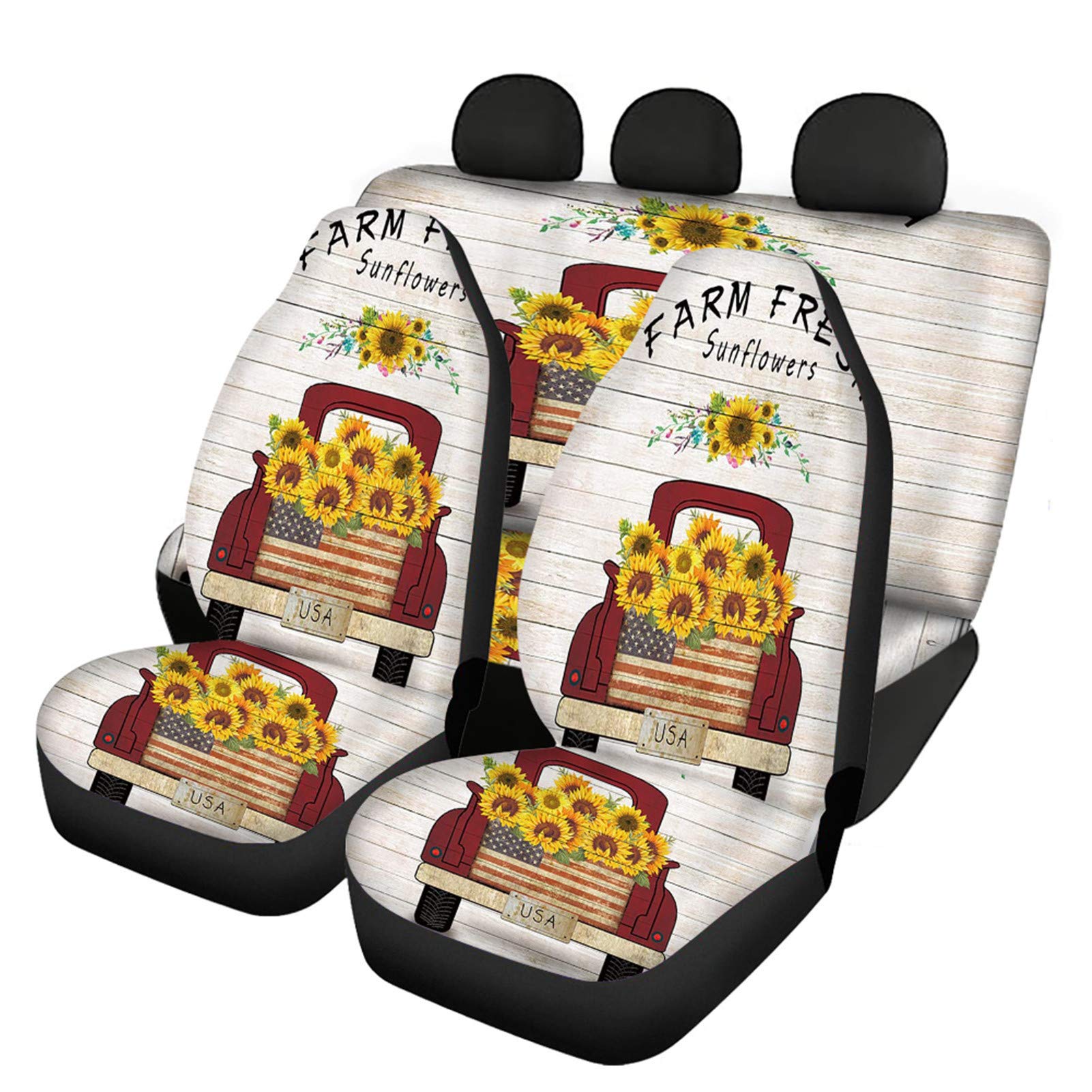 FUSURIRE Sunflowers with Red Truck Wood Print Universal Car Seat Covers Full Set - Auto Seat Protector Accessories for Cars, SUVs & Trucks - Perfect for Road Trips, Daily Commutes & Interior Protection