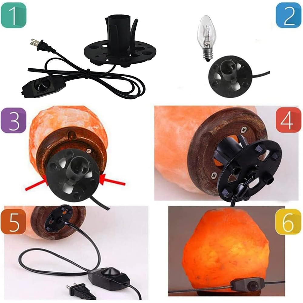 Himalayan Salt Lamp Cord Replacement with Dimmer Switch - 5ft E12 Halogen Bulb Cord Kit for Salt Rock Lamps (Includes 6 Christmas Bulbs & Base Assembly) - Perfect for Bedroom, Yoga Studio & Relaxation Spaces