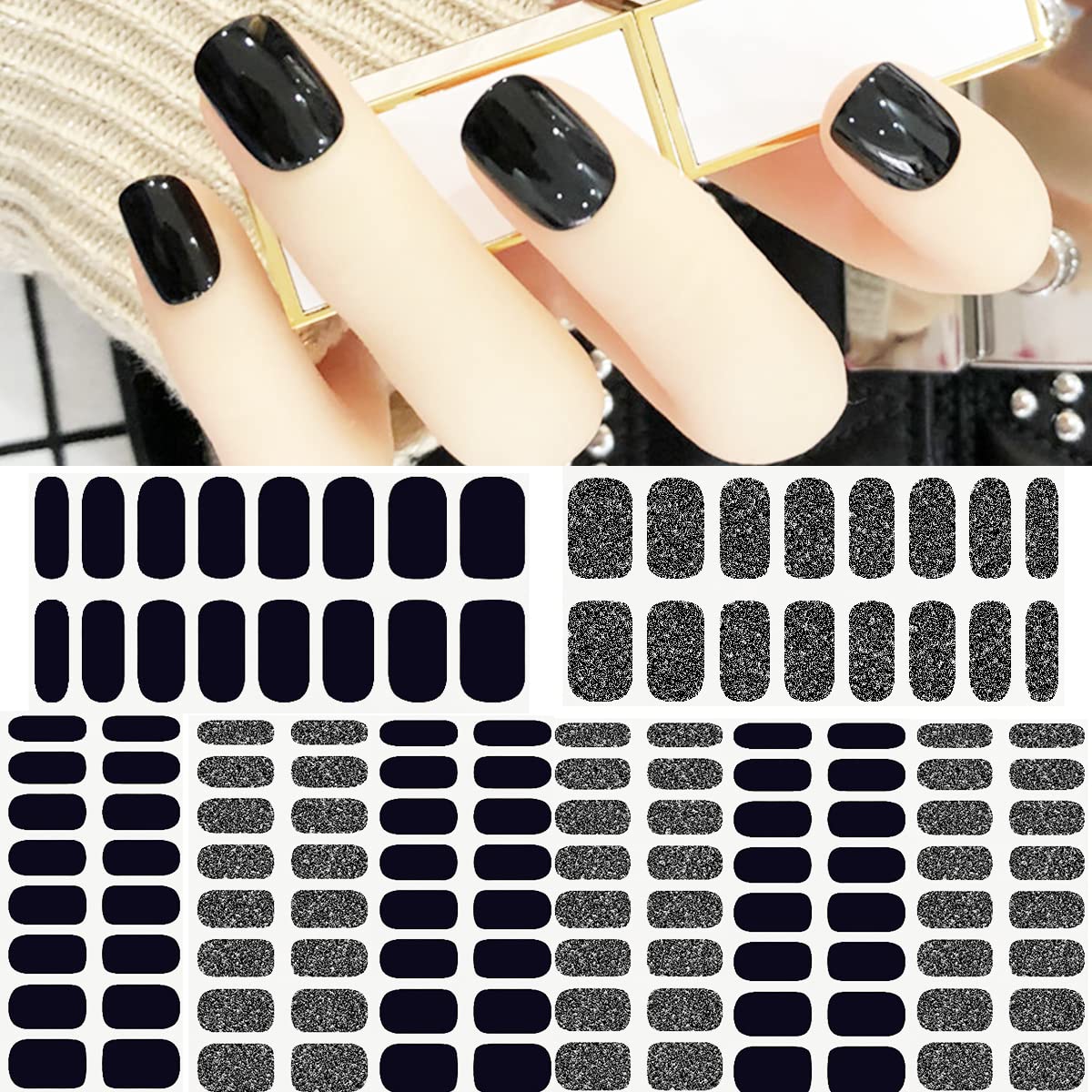 Black Glitter Nail Wraps - Self-Adhesive Nail Art Strips with Solid Color & Glitter Designs (128 Pieces, 8 Sheets) - Perfect for Women's Manicures, Parties, Weddings & Special Occasions