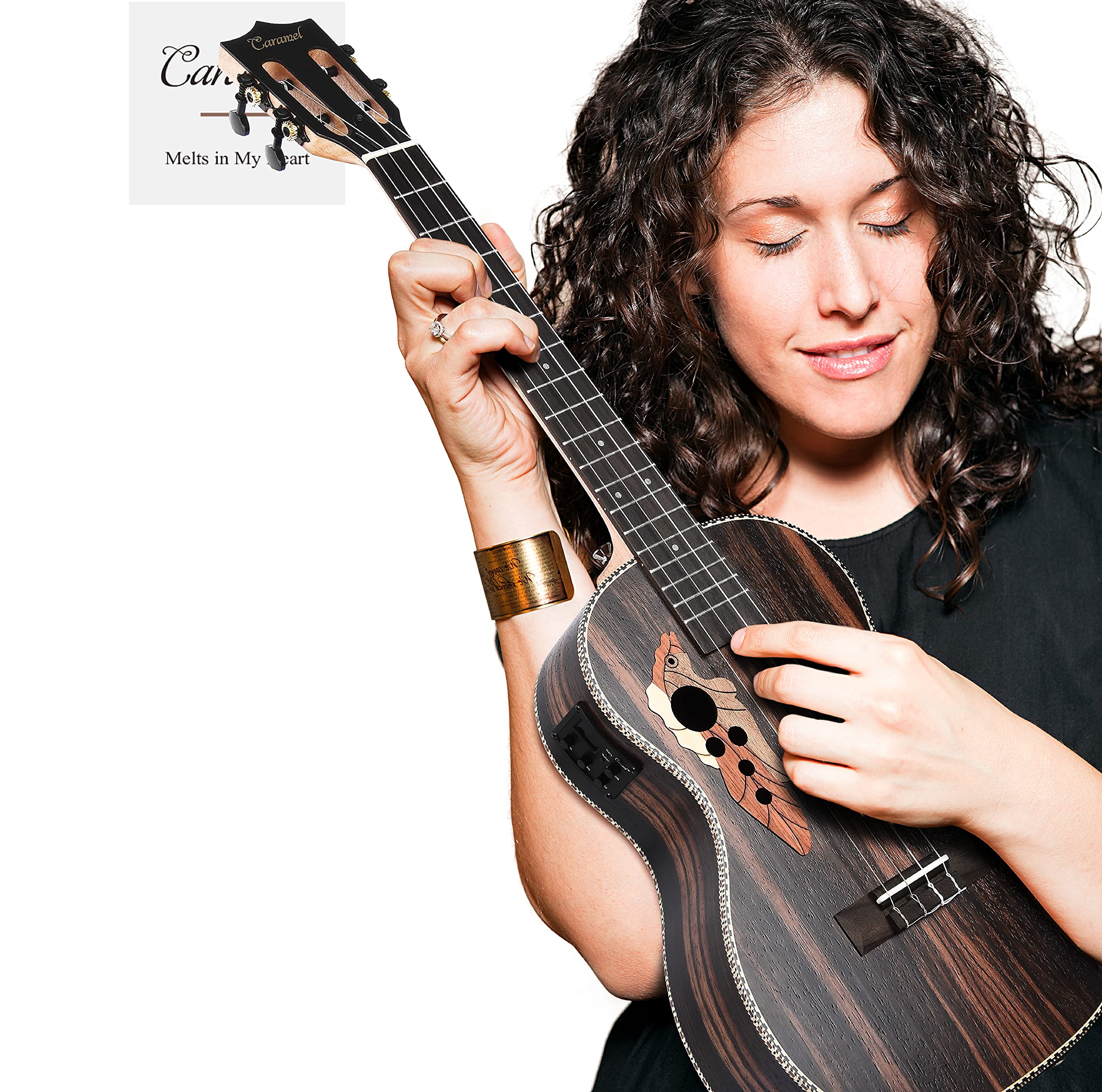 30 Inch Caramel Ebony Wood Baritone Ukulele with LCD Color Display - Electric Ukelele Starter Kit for Beginners | Includes Gig Bag, Strap & Strings Set | Perfect for Hawaiian Music, Live Performances & Home Practice